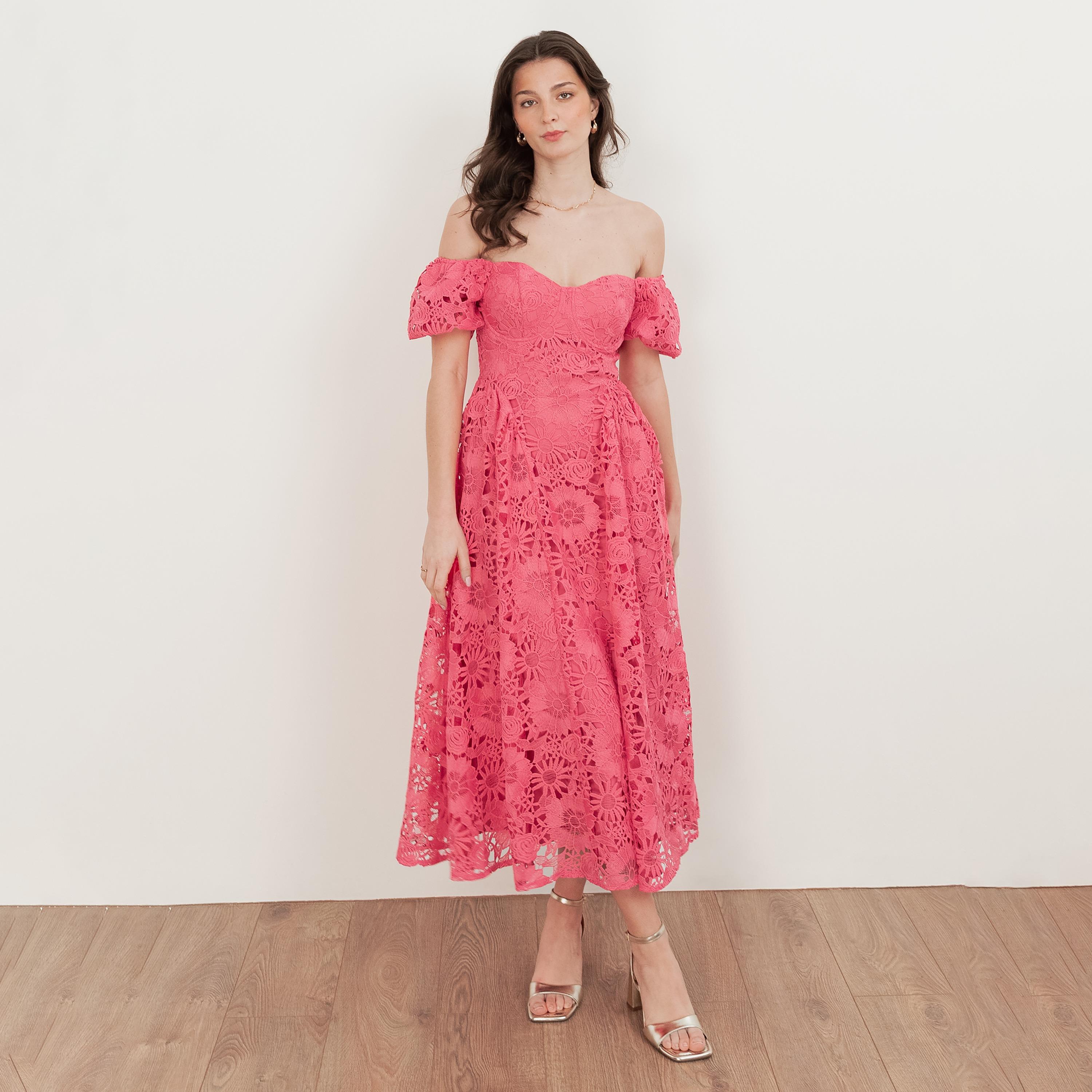 Maya Deluxe Pink All-Over Lace Off-Shoulder Puff Sleeves Fit & Flared Women's Midi Dress-women-clothing-dresses-image-1