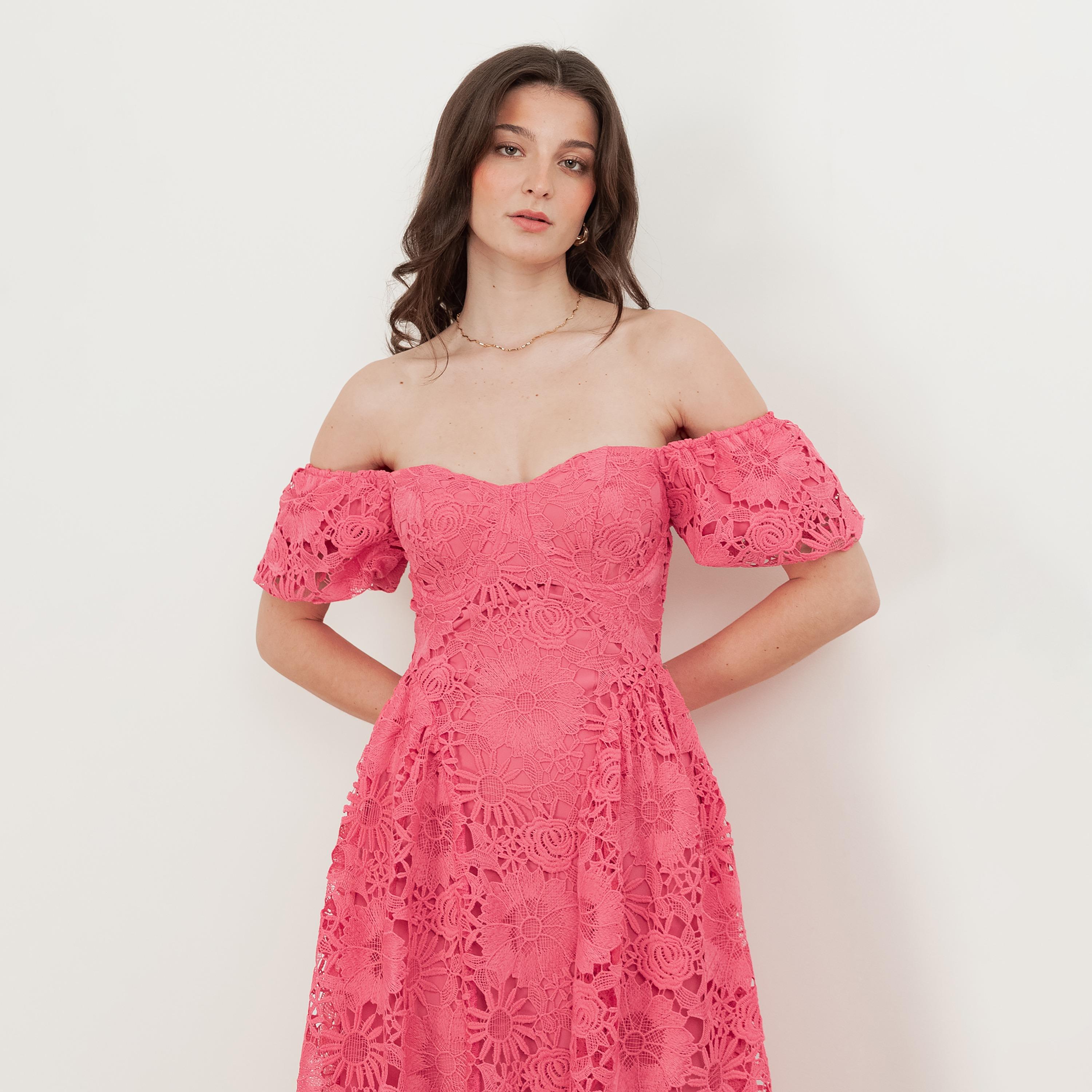 Maya Deluxe Pink All-Over Lace Off-Shoulder Puff Sleeves Fit & Flared Women's Midi Dress-women-clothing-dresses-image-3