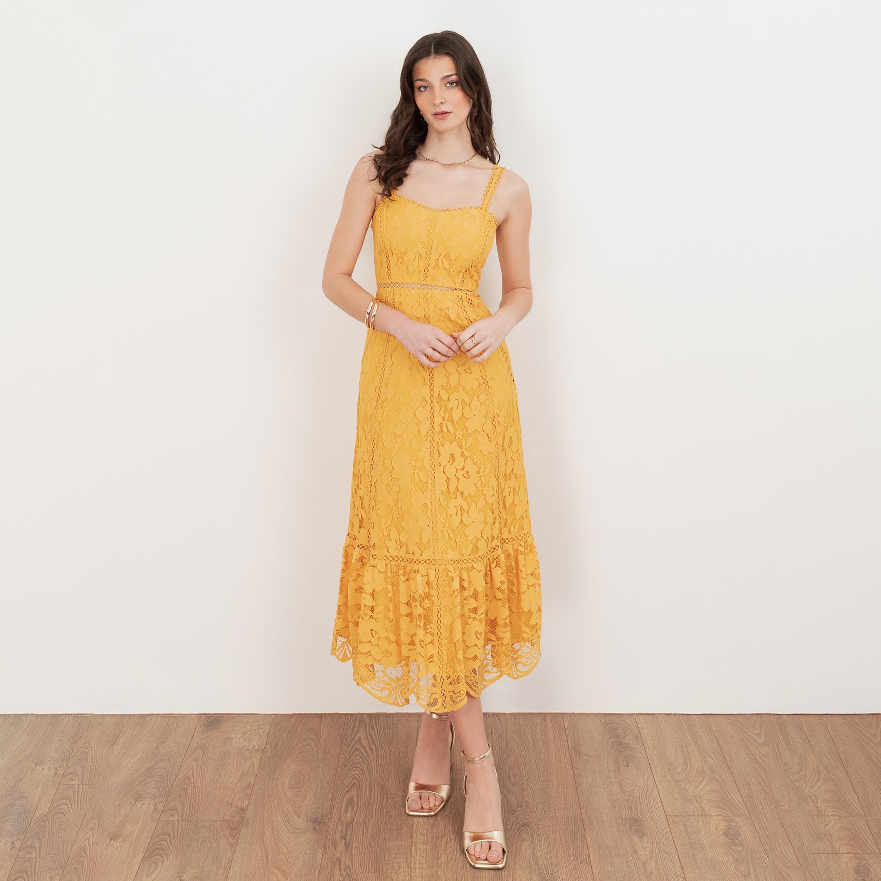 Maya Deluxe Sunflower All-Over Lace Shoulder Straps Tiered Women's Midi Dress-women-clothing-dresses-image-1