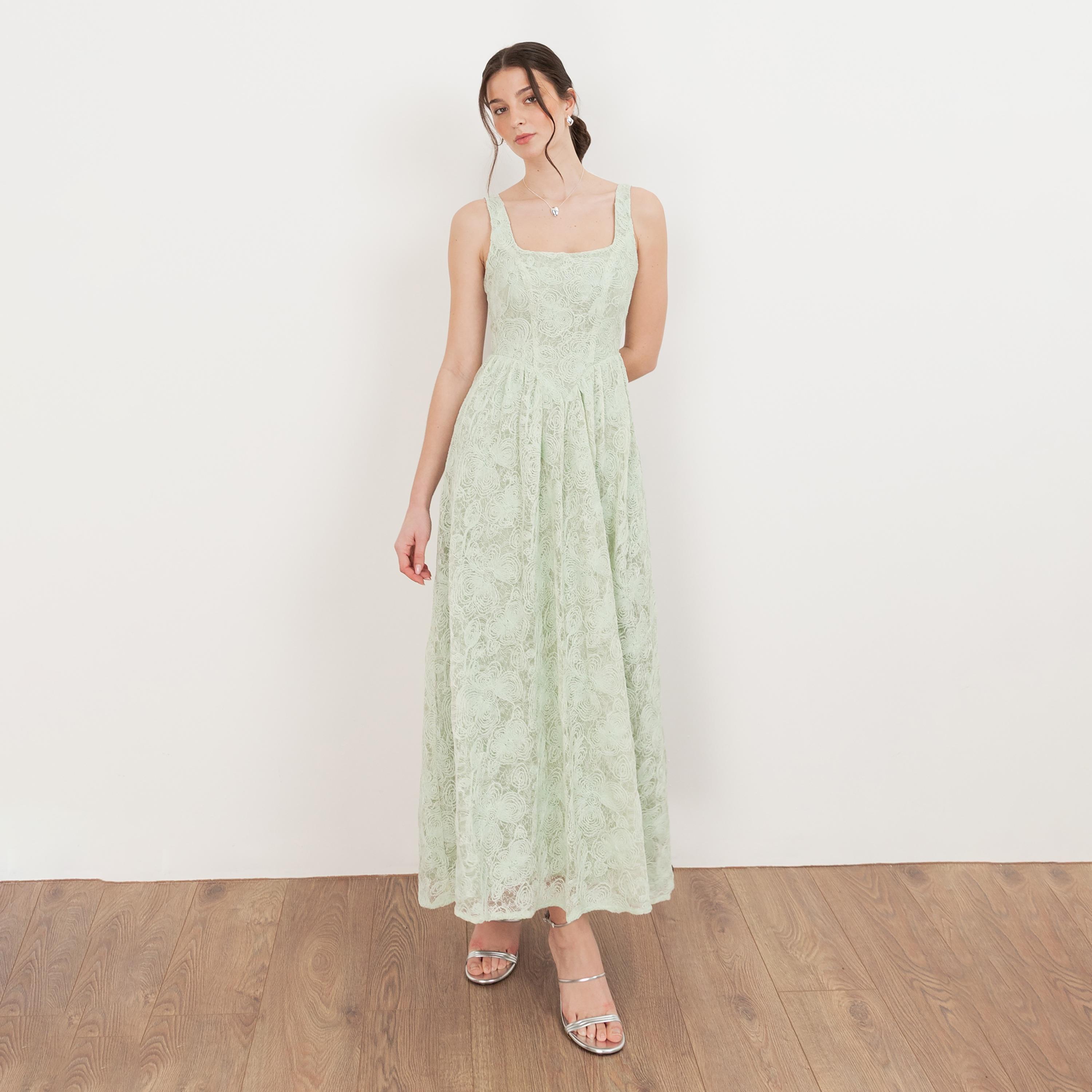 Maya Deluxe Mint All-Over Lace Square Neck Fit & Flared Women's Midaxi Dress-women-clothing-dresses-image-1