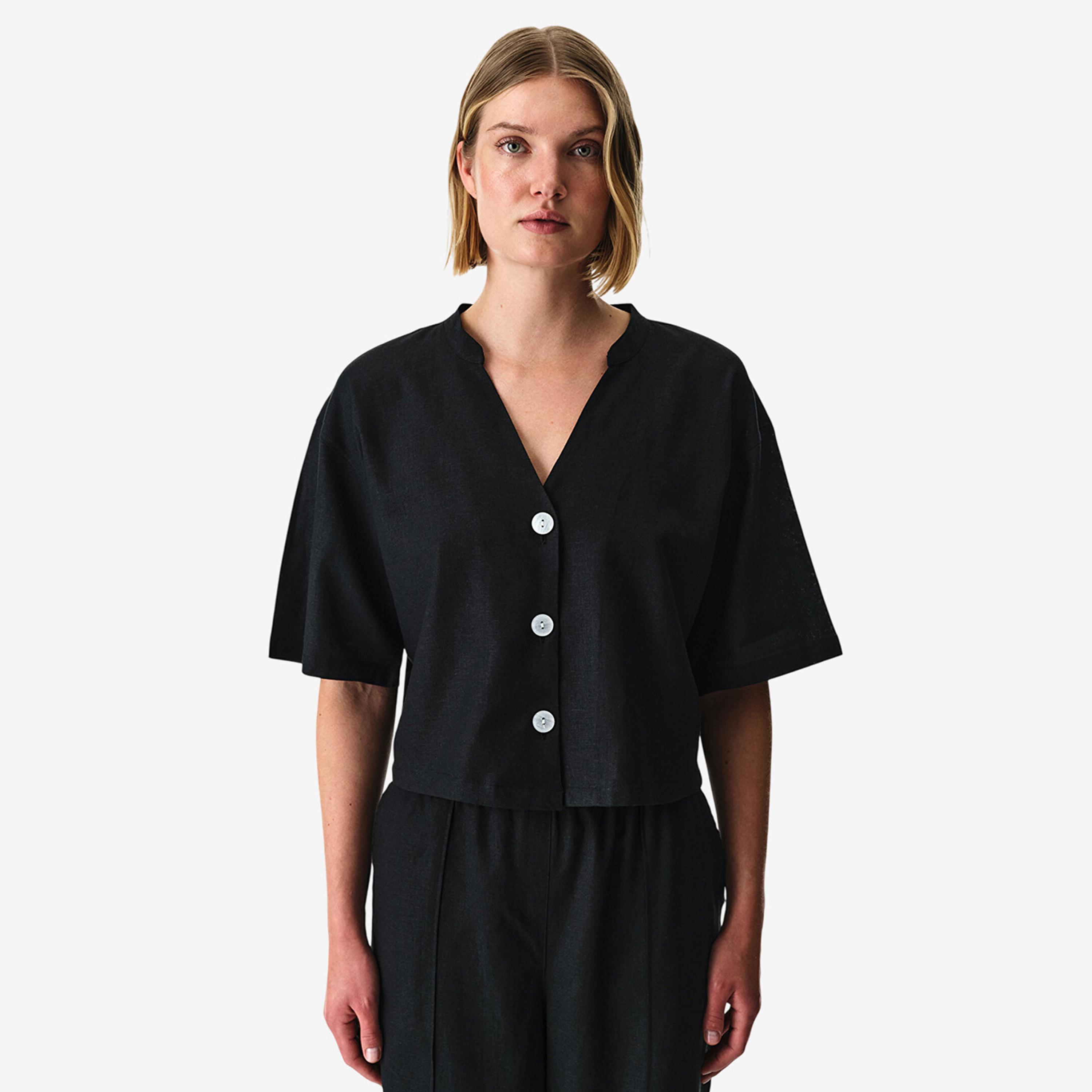 Penti Relaxed Fit Plain Mandarin Collar Short Sleeves Women's Shirt-women-clothing-swimandbeach-beachwear-image-1