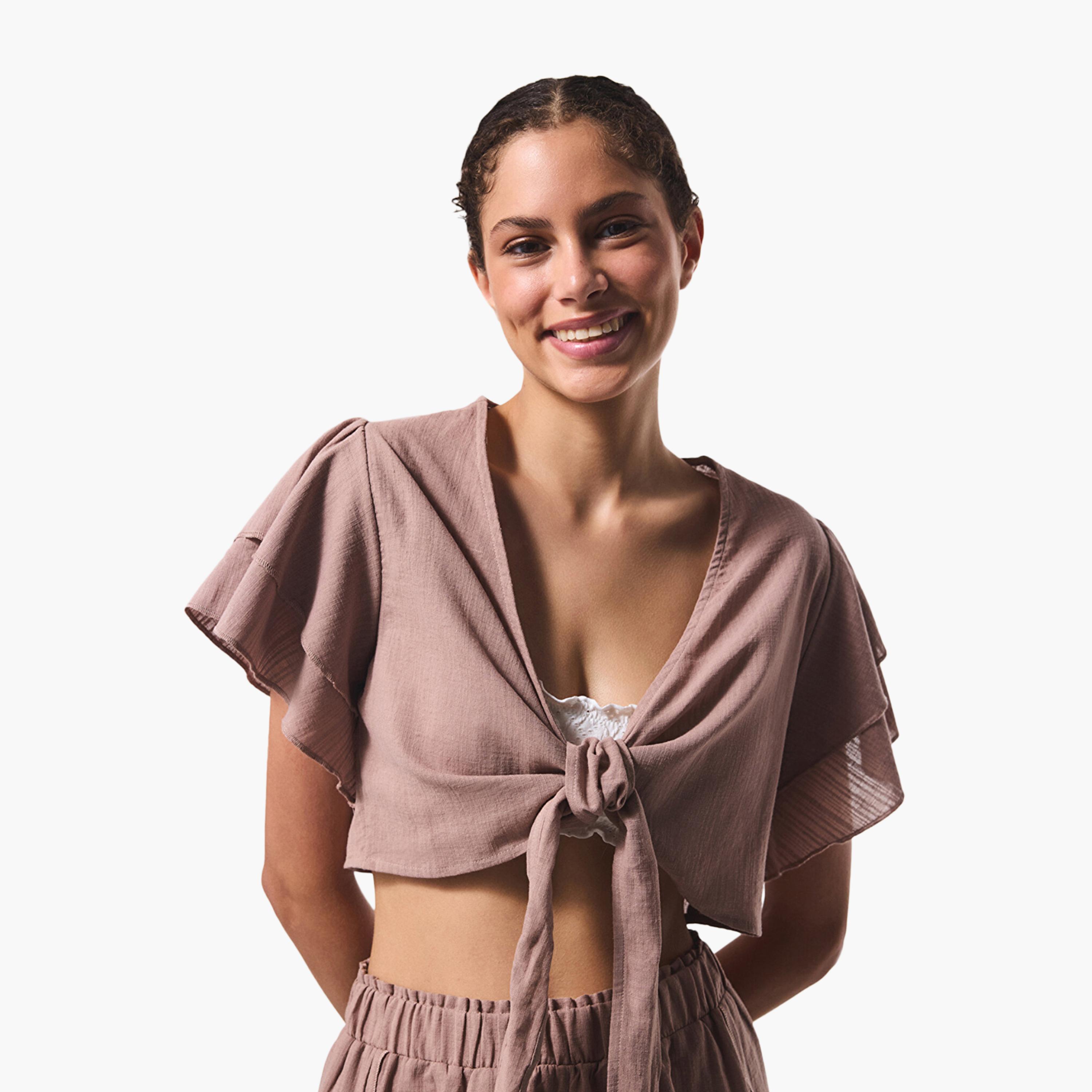 Penti Brown Plain V-Neck Women's Beachwear Top-women-clothing-swimandbeach-beachwear-image-1