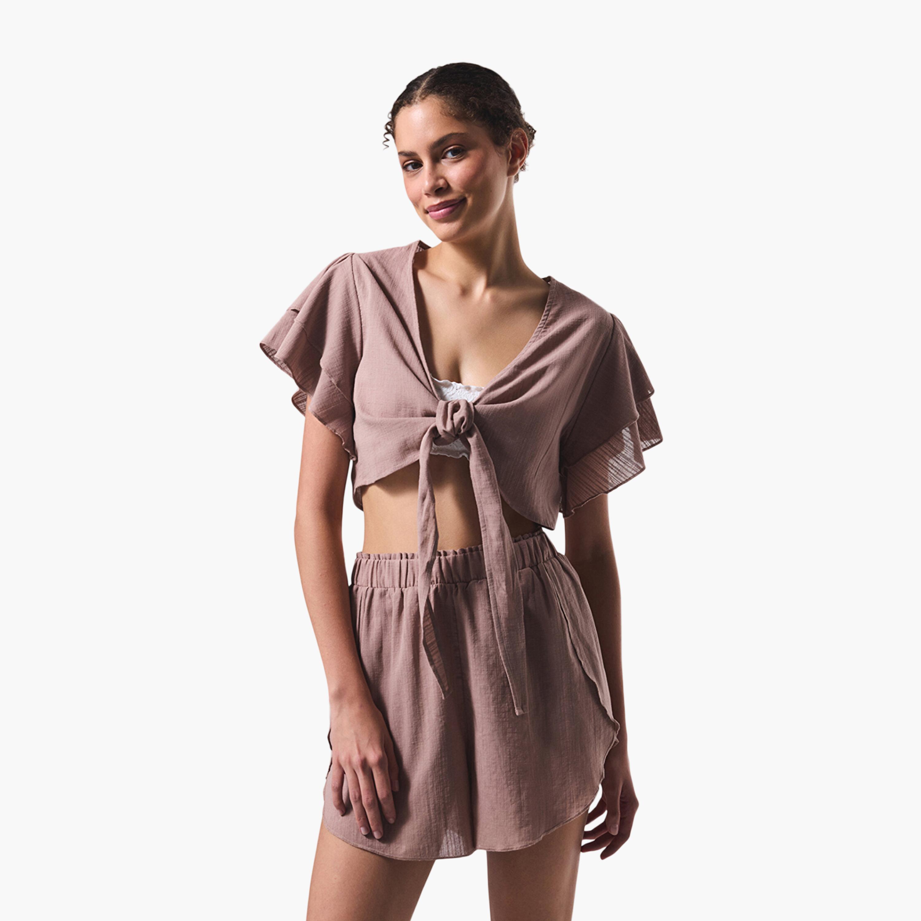 Penti Brown Plain V-Neck Women's Beachwear Top-women-clothing-swimandbeach-beachwear-image-2