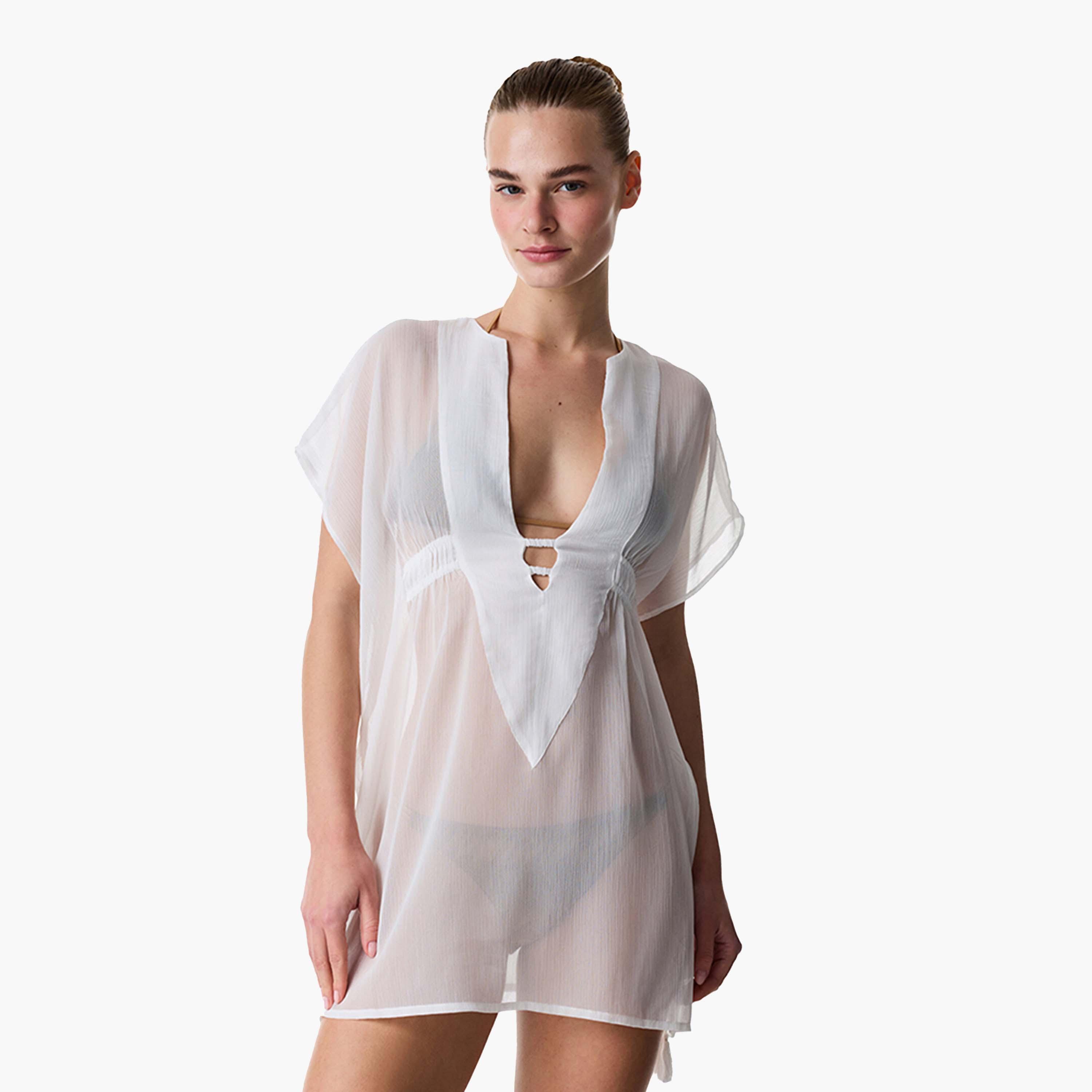 كاش مايوه سادة بأكمام قصيرة وفتحة رقبة سبعة للنساء من بينتي-women-clothing-swimandbeach-coverups-image-1
