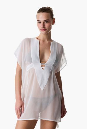 كاش مايوه سادة بأكمام قصيرة وفتحة رقبة سبعة للنساء من بينتي-women-clothing-swimandbeach-image-1