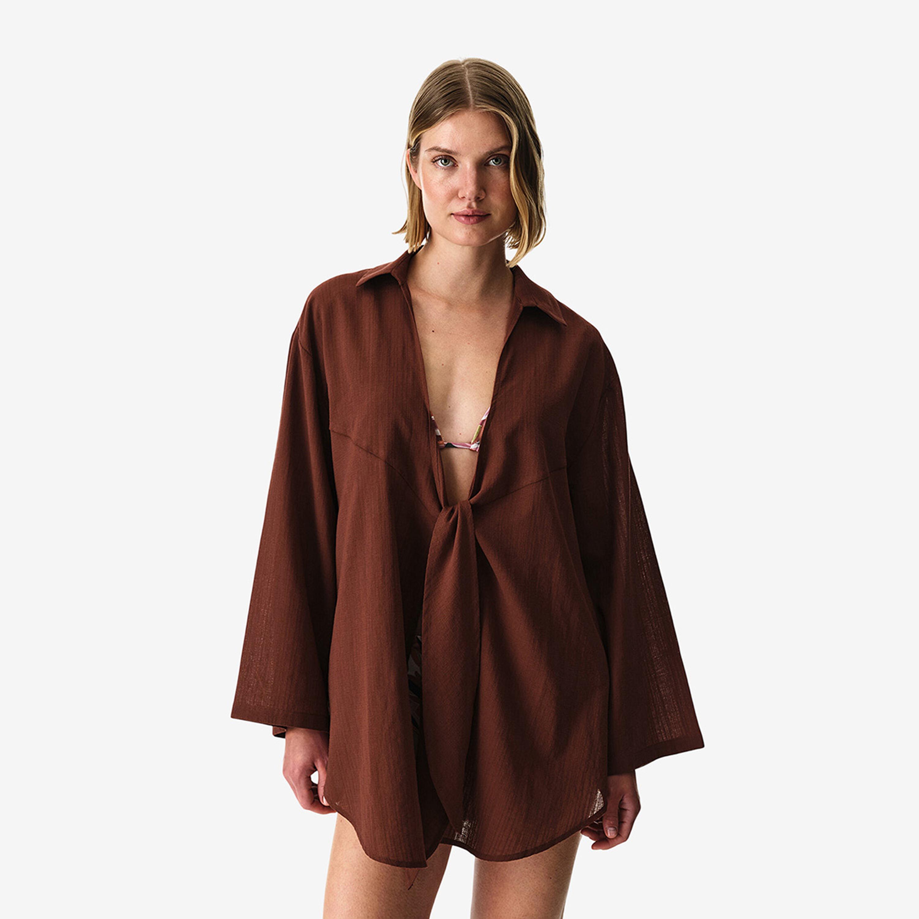 Penti Brown Plain Collared Women's Shirt-women-clothing-swimandbeach-beachwear-image-1