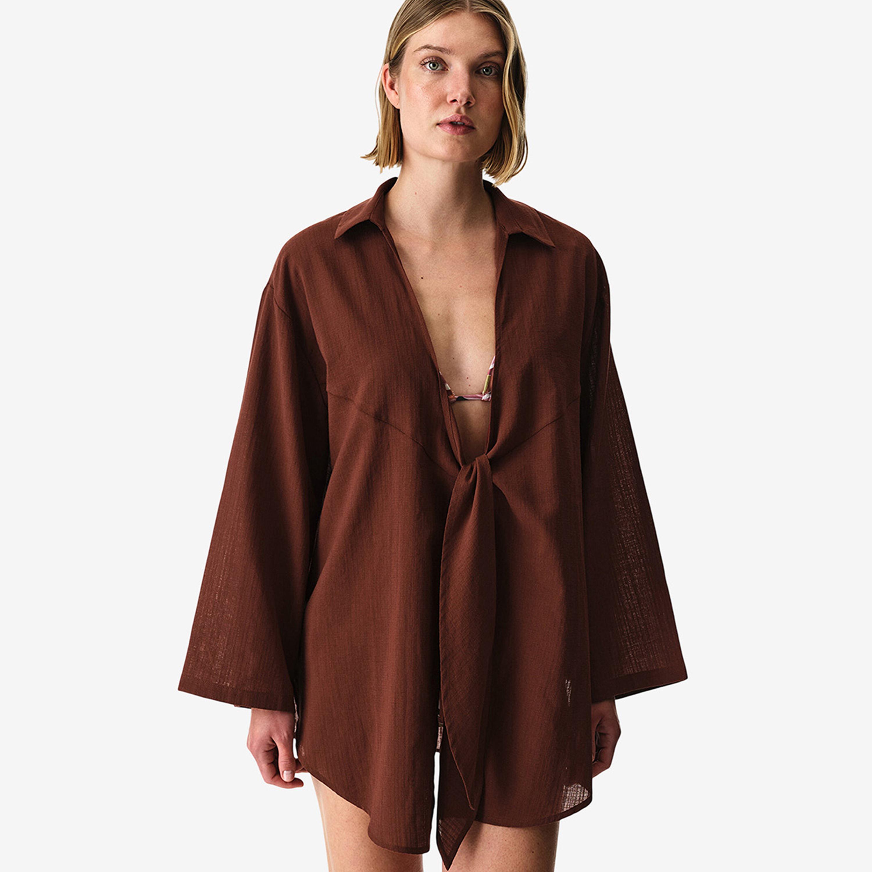 Penti Brown Plain Collared Women's Shirt-women-clothing-swimandbeach-beachwear-image-3