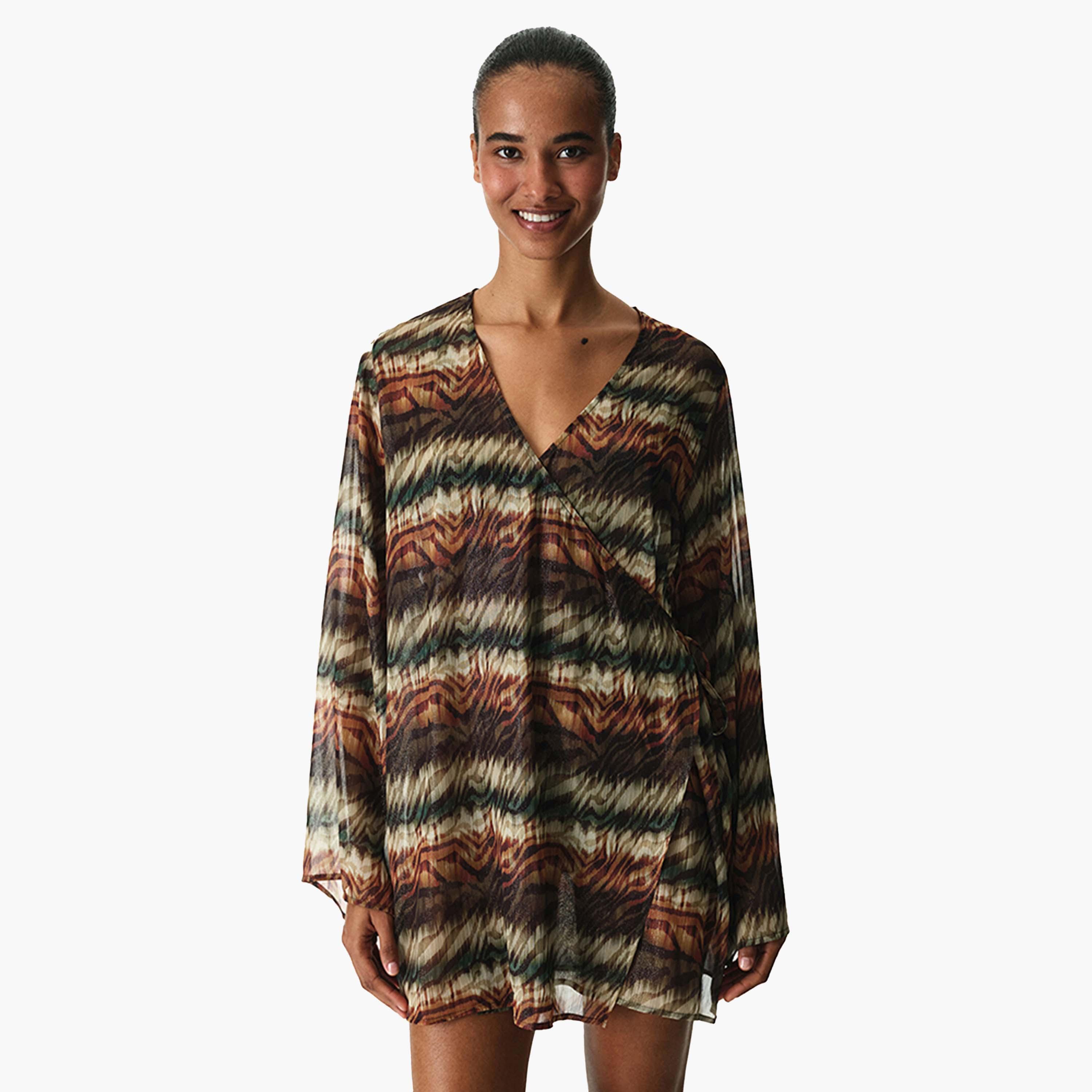 كاش مايوه مطبوع بأكمام طويلة وفتحة رقبة سبعة للنساء من بينتي-women-clothing-swimandbeach-coverups-image-1