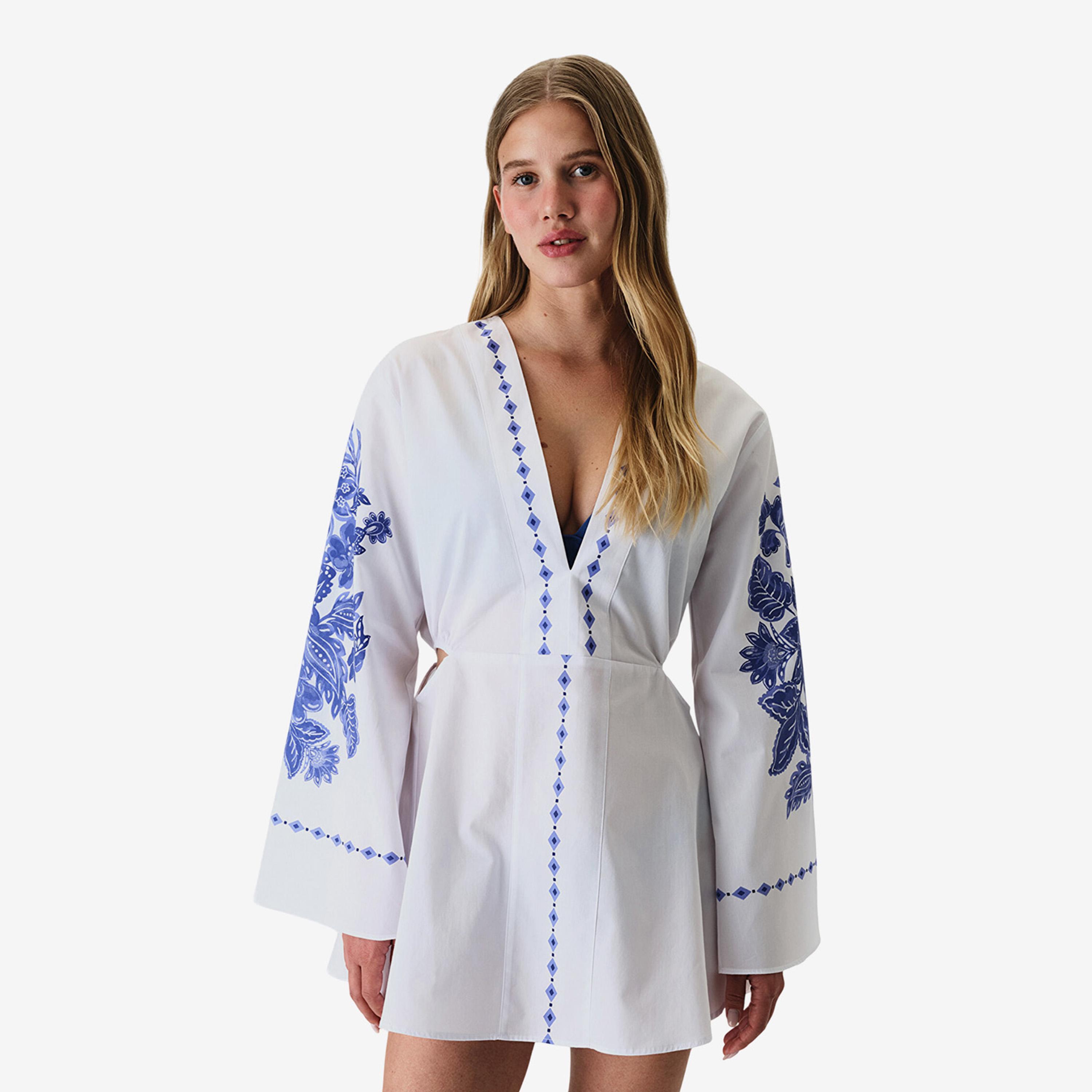 Penti White Floral Print Plunge Neck Women's Cover-Up-women-clothing-swimandbeach-coverups-image-1