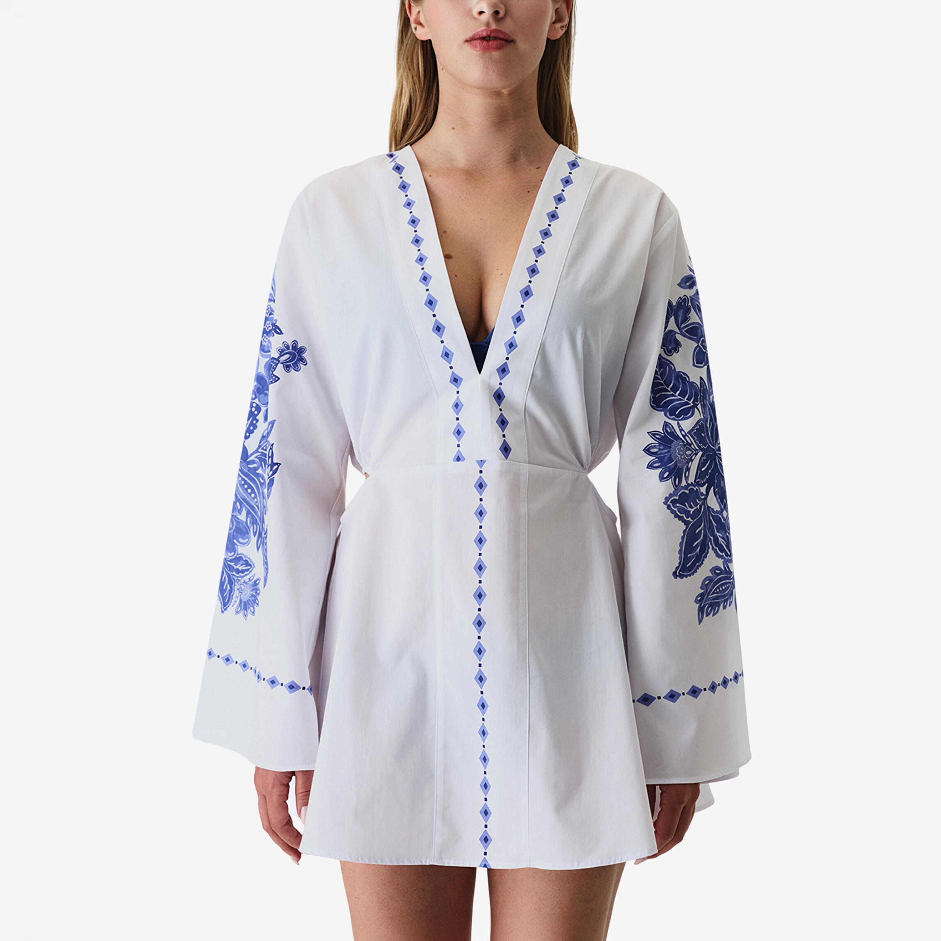 Penti White Floral Print Plunge Neck Women's Cover-Up-women-clothing-swimandbeach-coverups-image-3