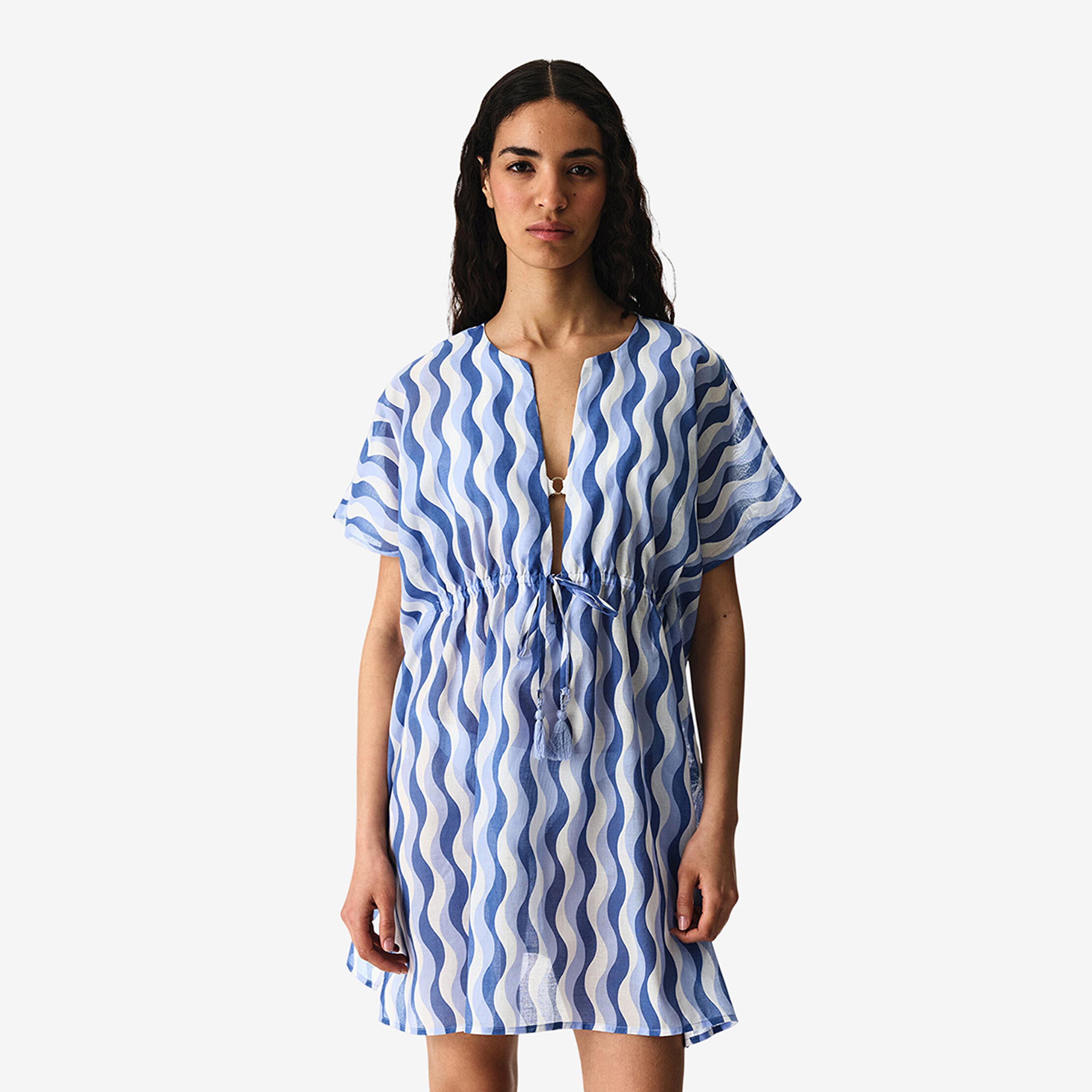 كاش مايو حريمي بفتحة رقبة مستديرة وطبعة خطوط مموجة باللون الأزرق من بينتي-women-clothing-swimandbeach-coverups-image-1