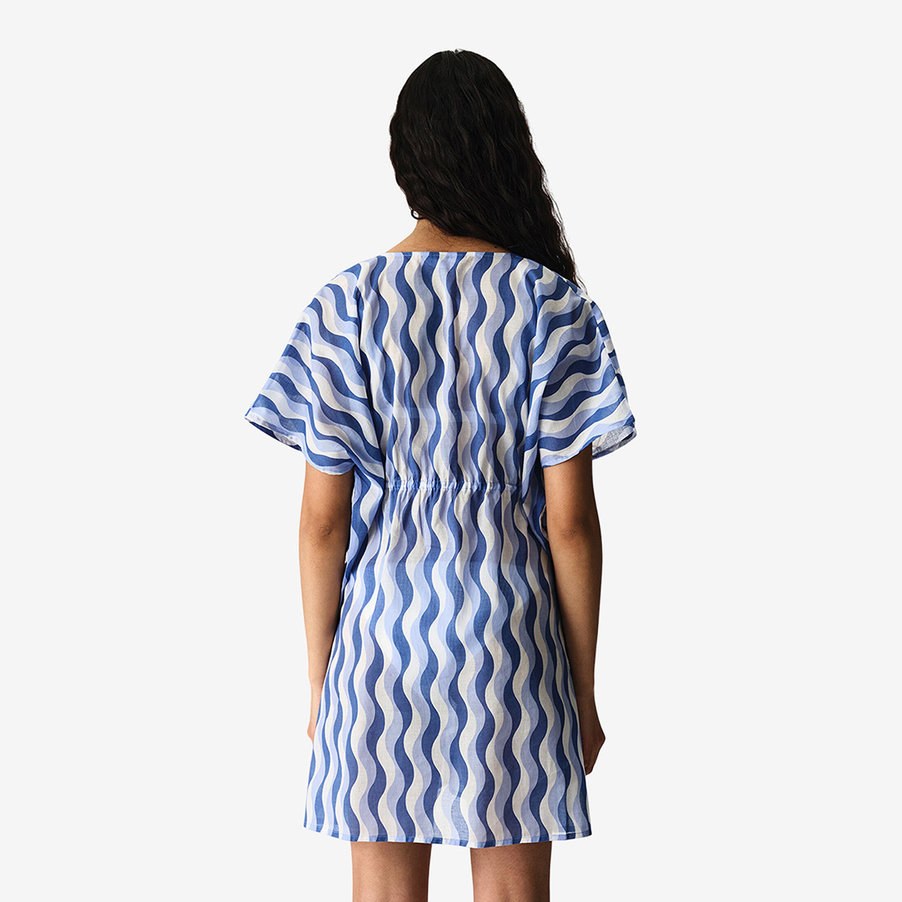 كاش مايو حريمي بفتحة رقبة مستديرة وطبعة خطوط مموجة باللون الأزرق من بينتي-women-clothing-swimandbeach-coverups-image-2