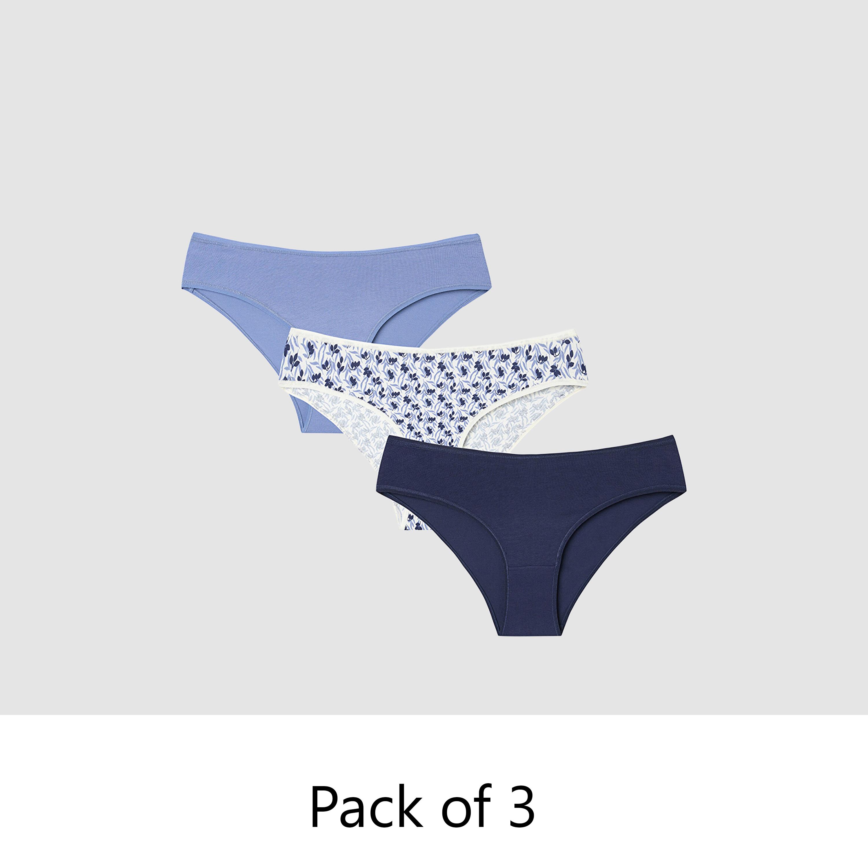طقم من 3 قطع سروال داخلي نسائي قطني سادة وبنقشة زهور بتغطية متوسطة "بيكيني" من بنتي-women-clothing-lingerie-panties-image-1