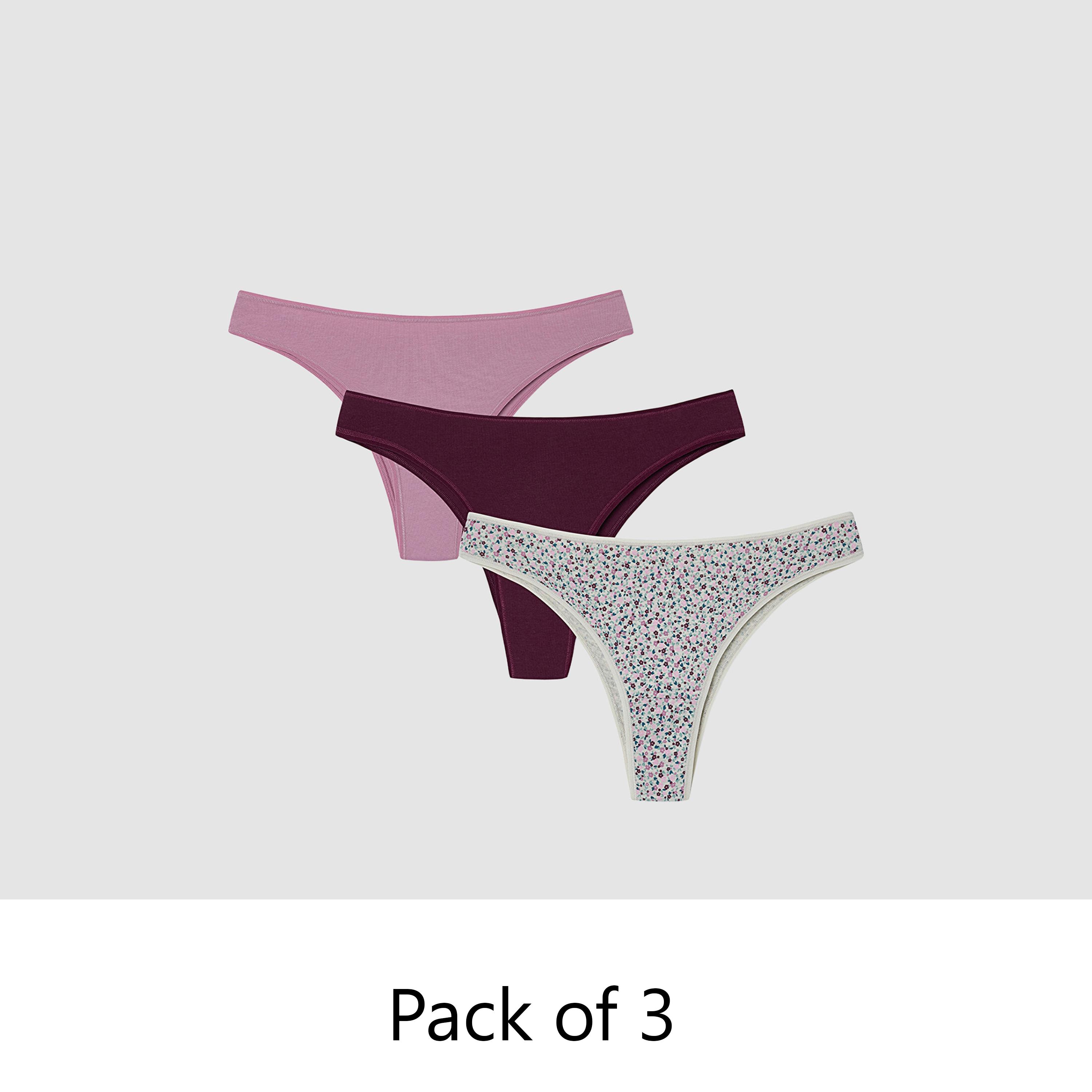 طقم من 3 قطع سروال داخلي نسائي سادة وبنقشة زهور بتغطية منخفضة "برازيليان" من بنتي-women-clothing-lingerie-panties-image-1