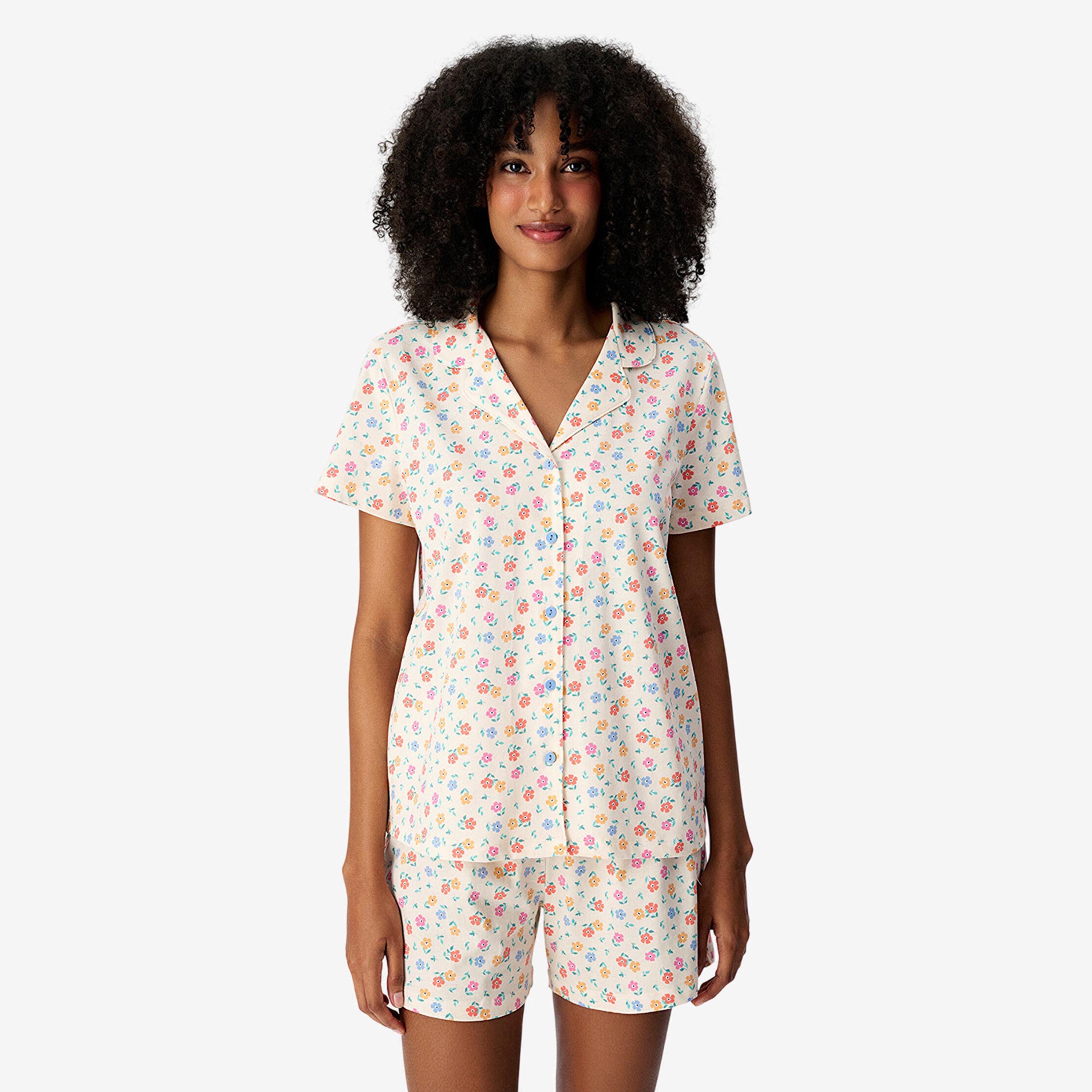 Penti Women's Floral Print Lapel Collared Shirt & Shorts Set-women-clothing-nightwear-pyjamas-shortsets-image-1