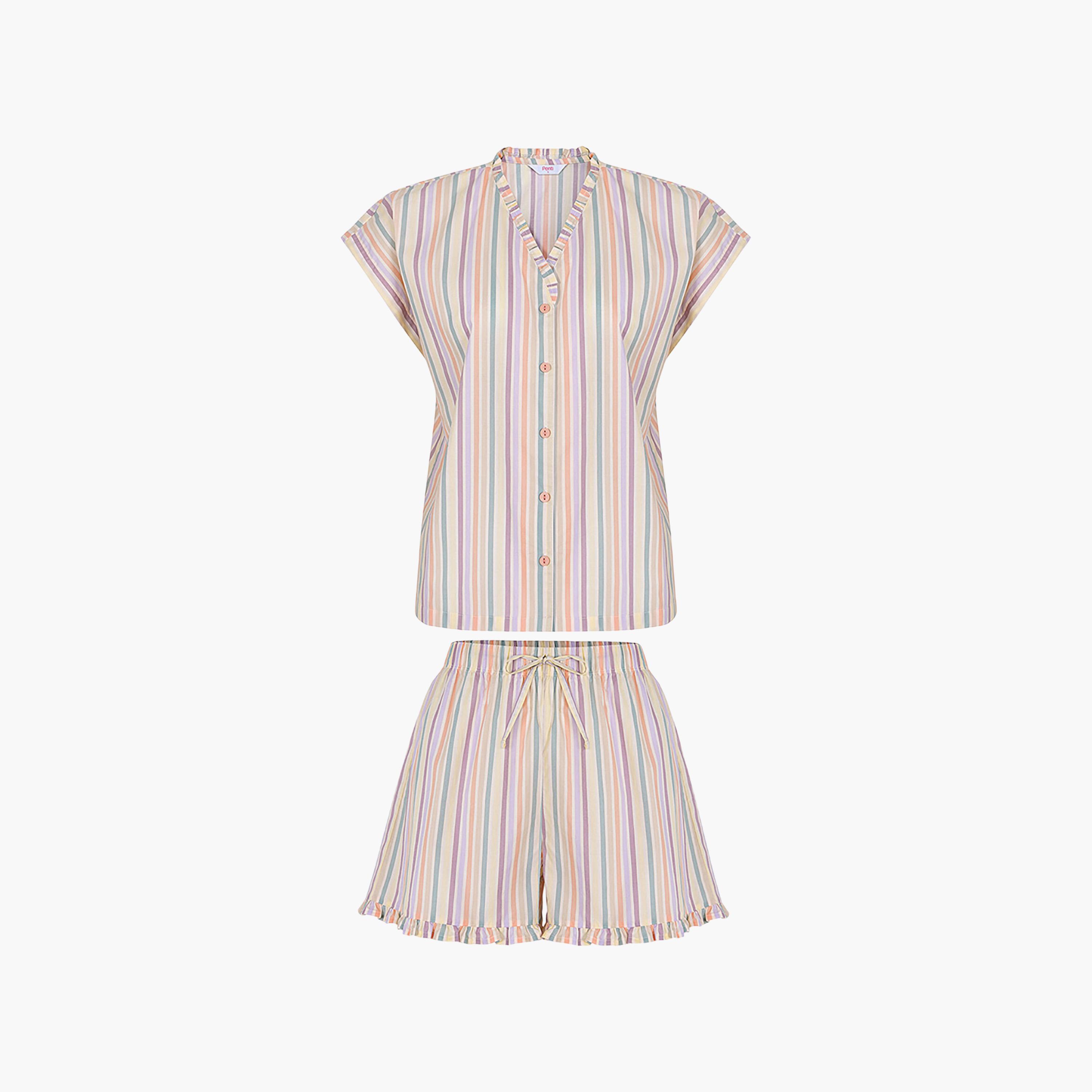 طقم نوم حريمي قميص مخطط بفتحة رقبة V وشورت من بينتي-women-clothing-nightwear-pyjamas-shortsets-image-5