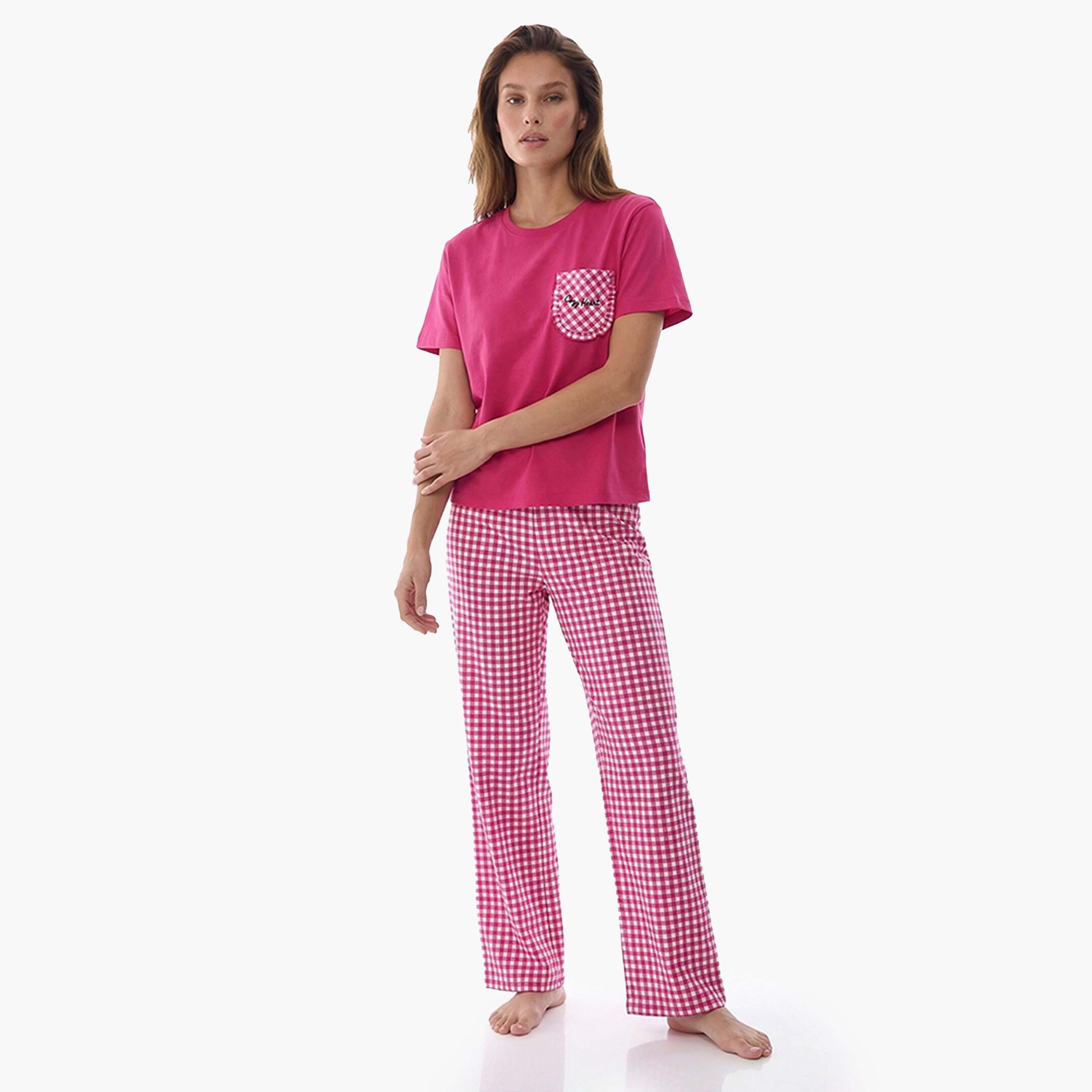 طقم بيجامة تي شيرت وبنطال كاروهات للنساء من بينتي-women-clothing-nightwear-pyjamas-longsets-image-1