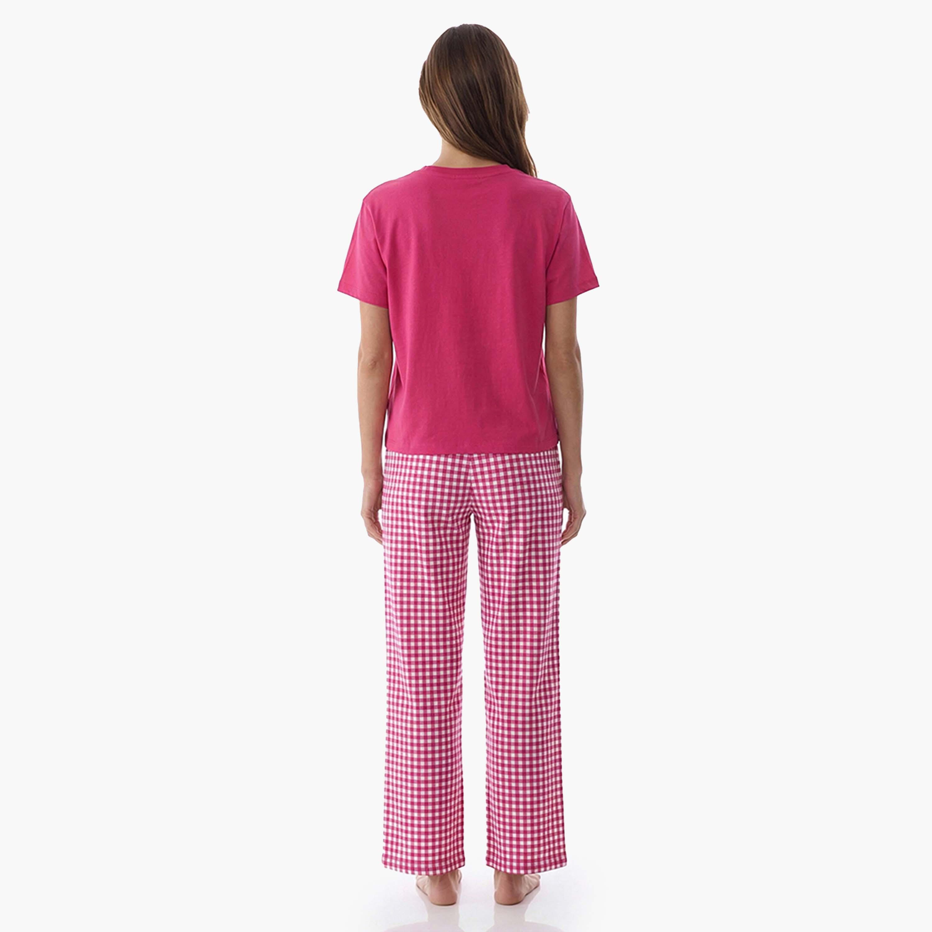 طقم بيجامة تي شيرت وبنطال كاروهات للنساء من بينتي-women-clothing-nightwear-pyjamas-longsets-image-2