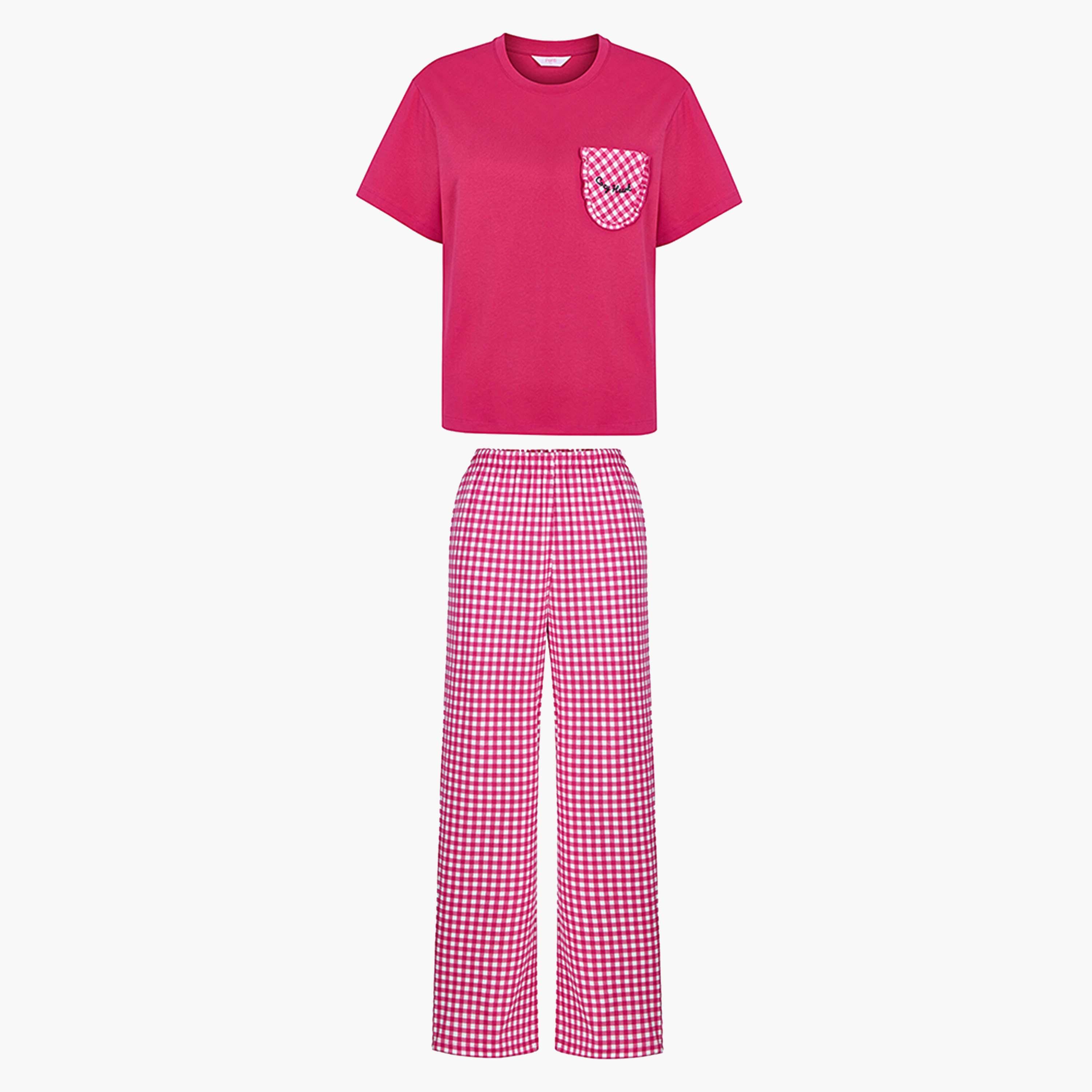 طقم بيجامة تي شيرت وبنطال كاروهات للنساء من بينتي-women-clothing-nightwear-pyjamas-longsets-image-4