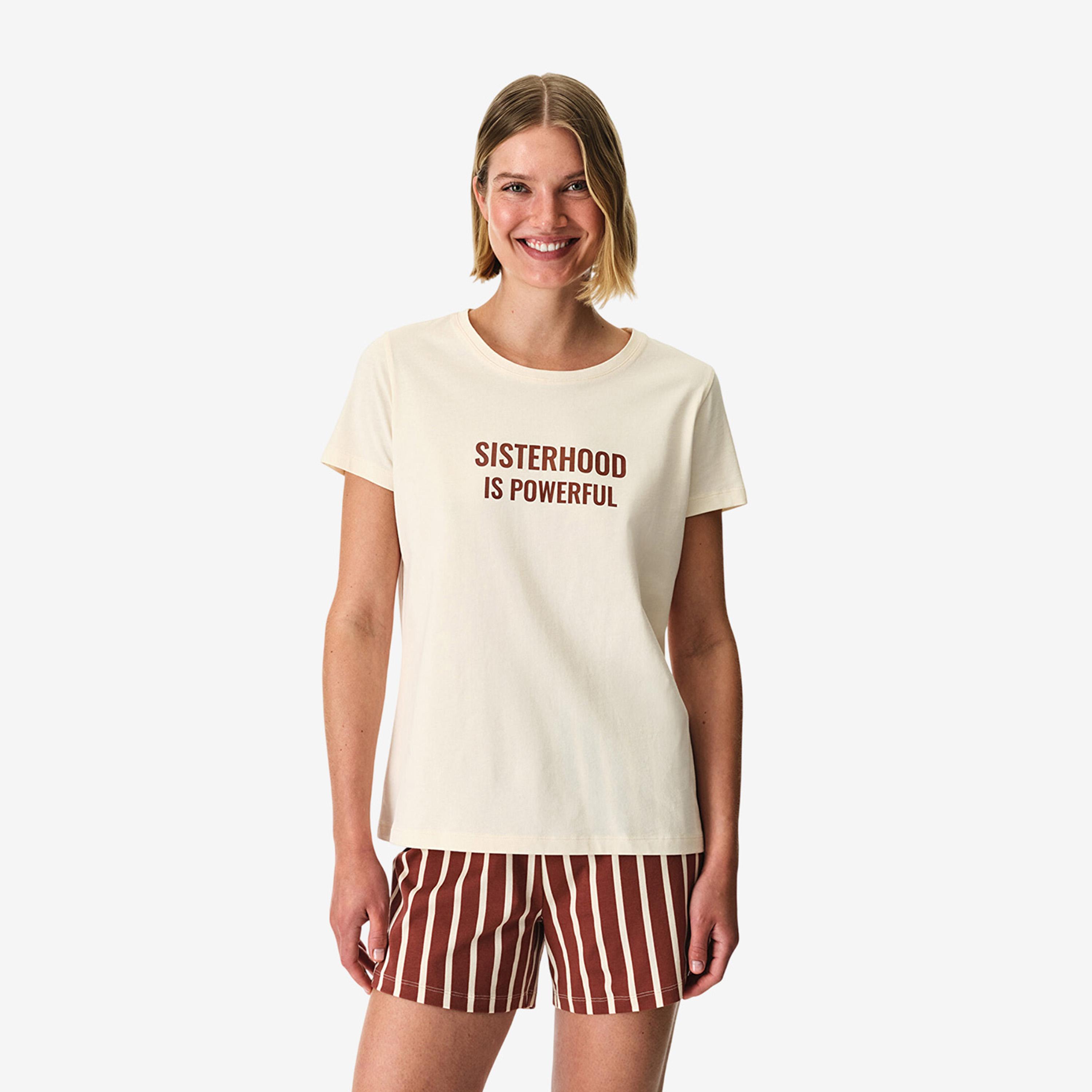 Penti Women's Text-Print Striped Crew Neck T-Shirt & Shorts Set-women-clothing-nightwear-pyjamas-shortsets-image-1