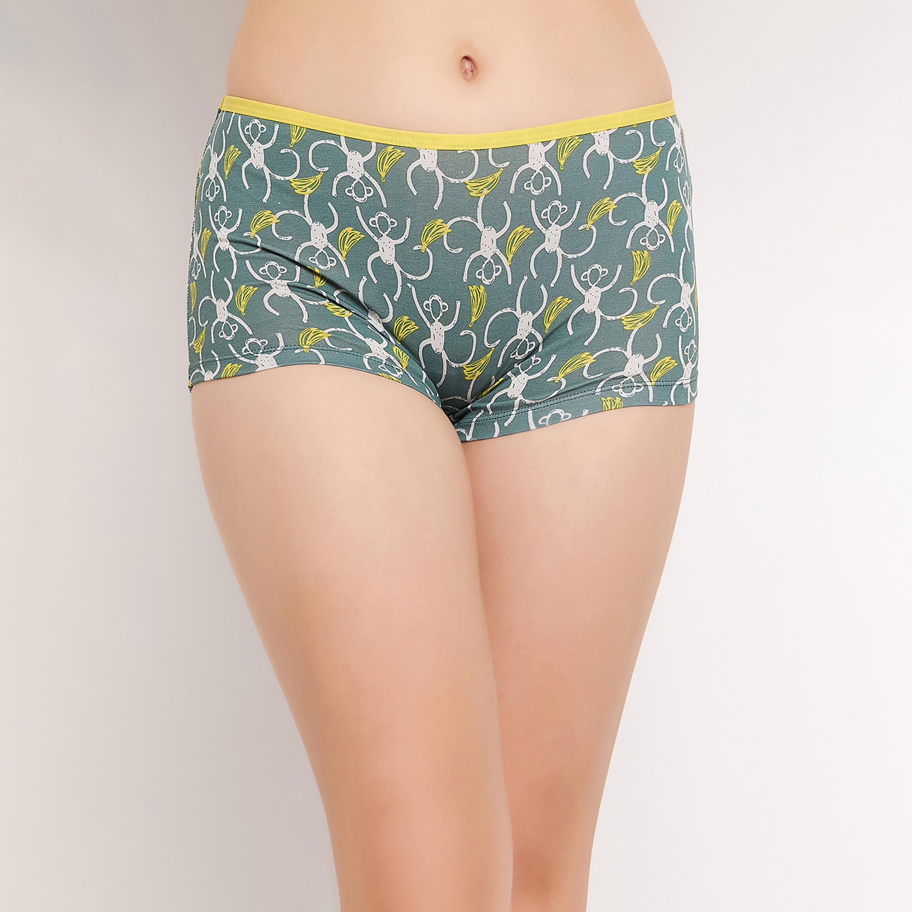 شورت (بوي شورت) نسائي متوسط الخصر بطبعة قرد باللون الأخضر الغامق - قطن من كلوفيا-women-clothing-lingerie-panties-image-1