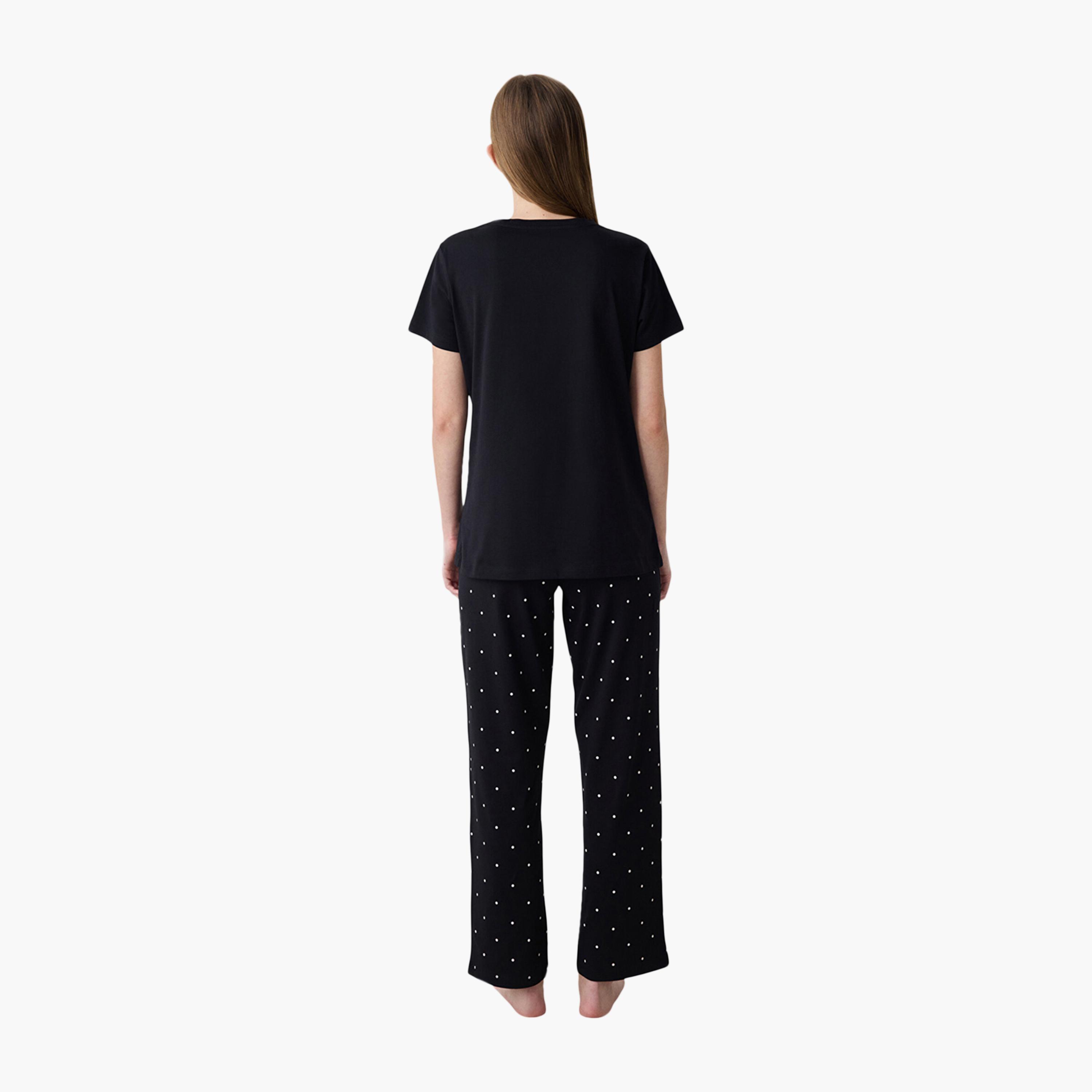 طقم تي شيرت وبيجامة نسائي بولكا دوت من بينتي-women-clothing-nightwear-pyjamas-longsets-image-4