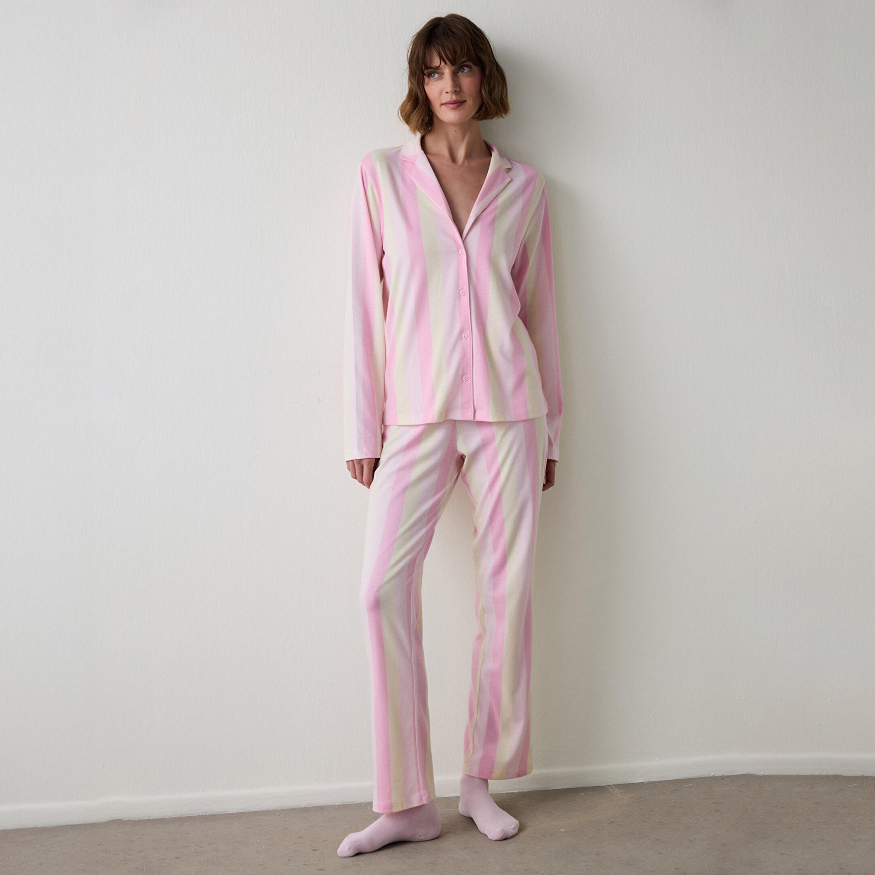 طقم بيجاما نسائي قطني مخطط مكون من قميص وبنطلون من بنتي-women-clothing-nightwear-pyjamas-longsets-image-1