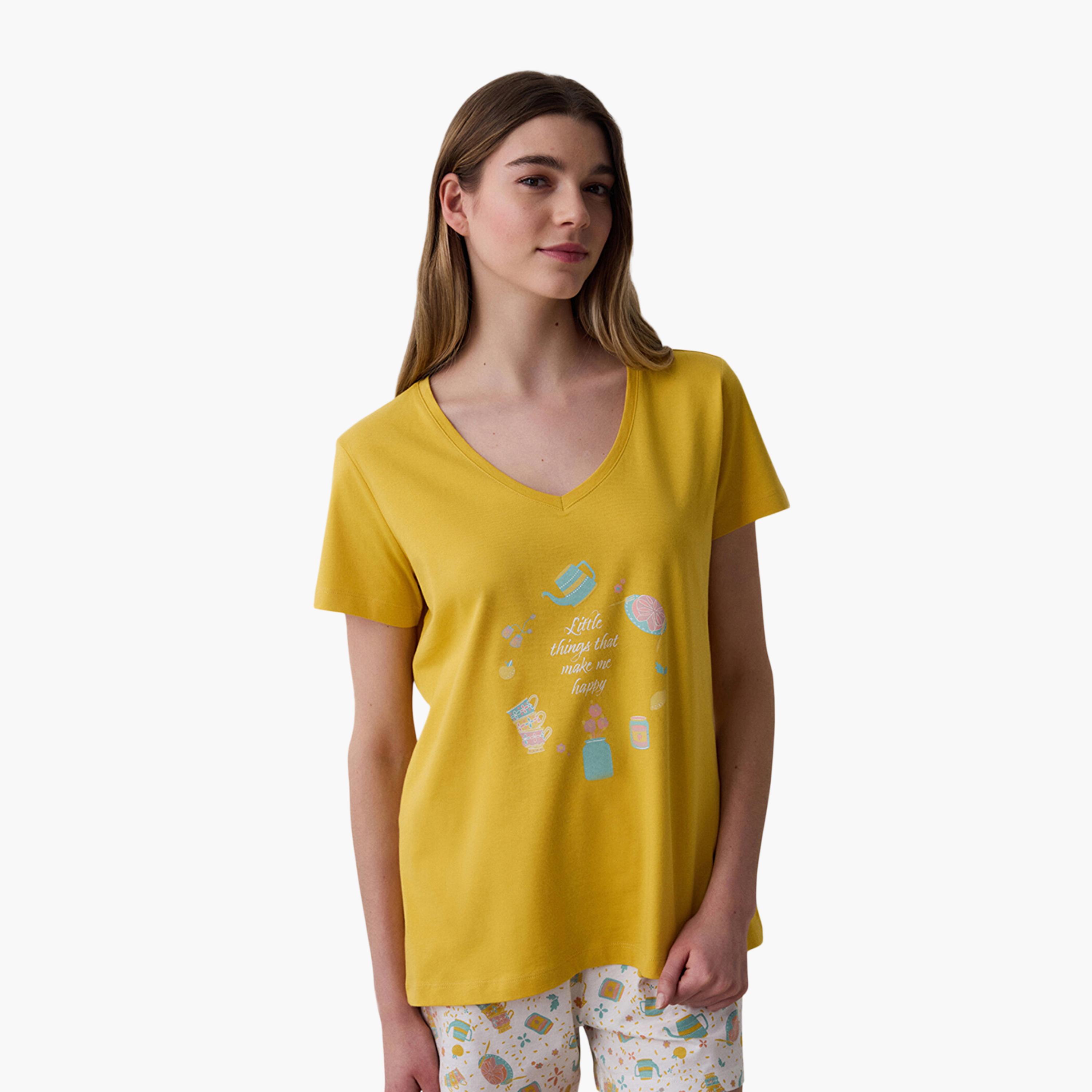 طقم تي شيرت وشورت نسائي مطبوع من بينتي-women-clothing-nightwear-pyjamas-shortsets-image-3