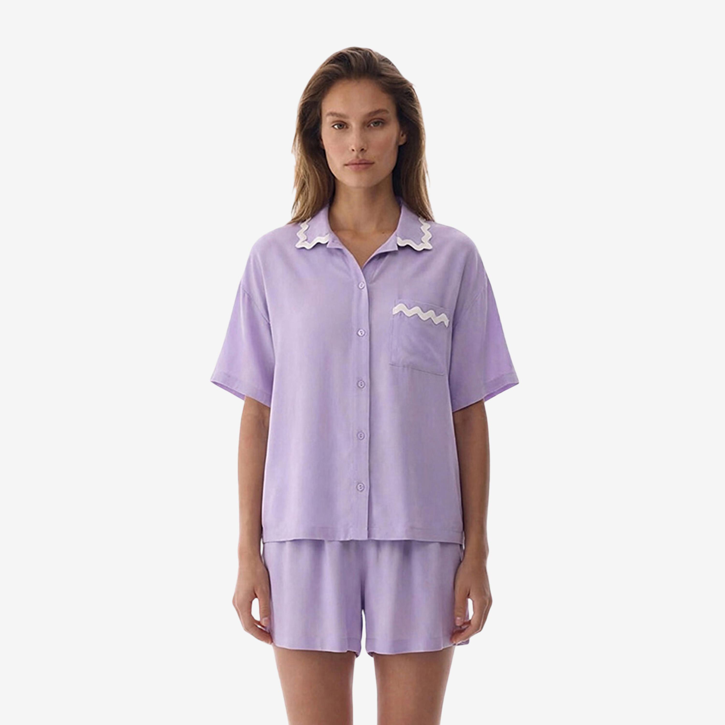 طقم نوم حريمي قميص بياقة مفردة (سبريد) وشورت من بينتي-women-clothing-nightwear-pyjamas-shortsets-image-1