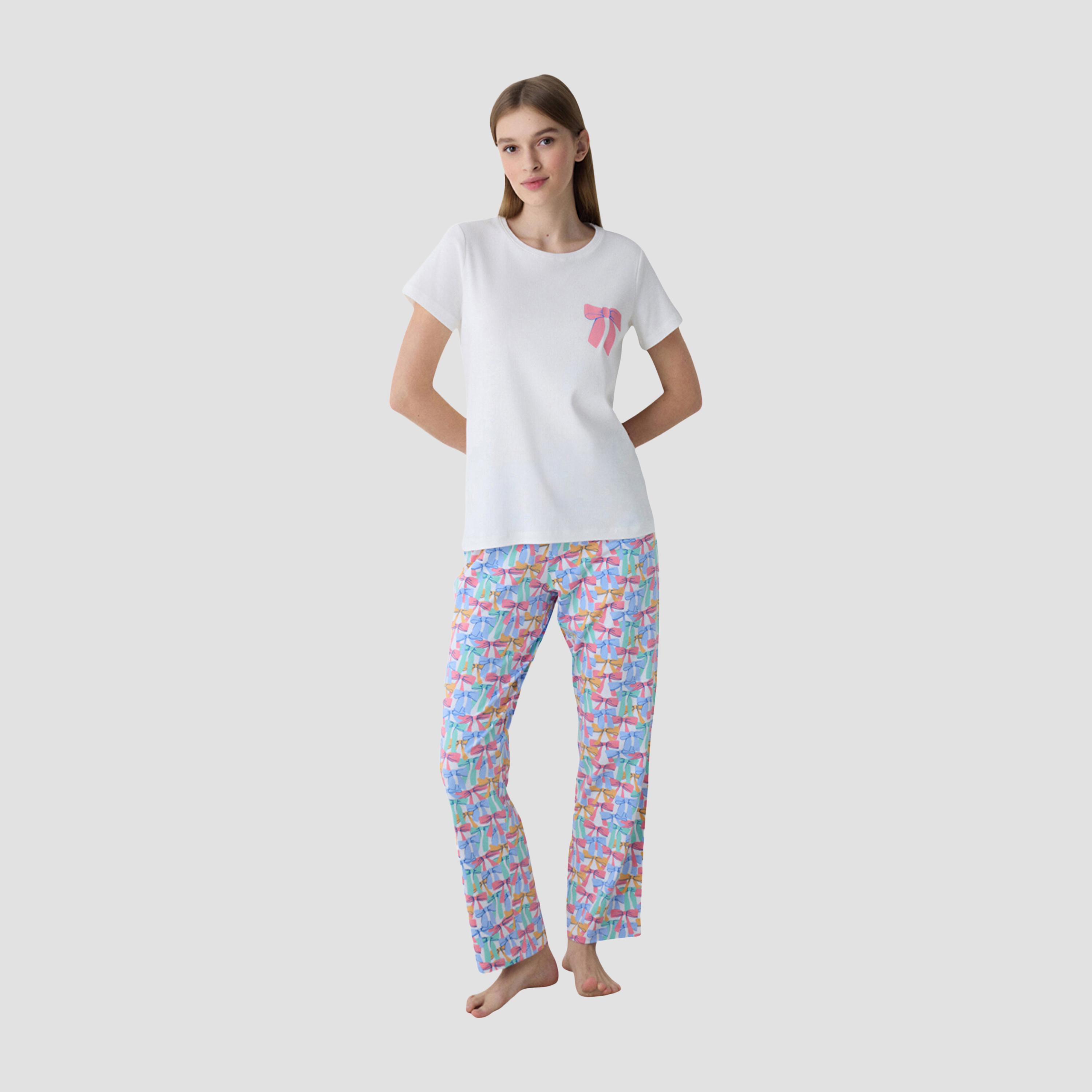 Penti Bow Print Women's T-Shirt and Pyjama Set-women-clothing-nightwear-pyjamas-longsets-image-1