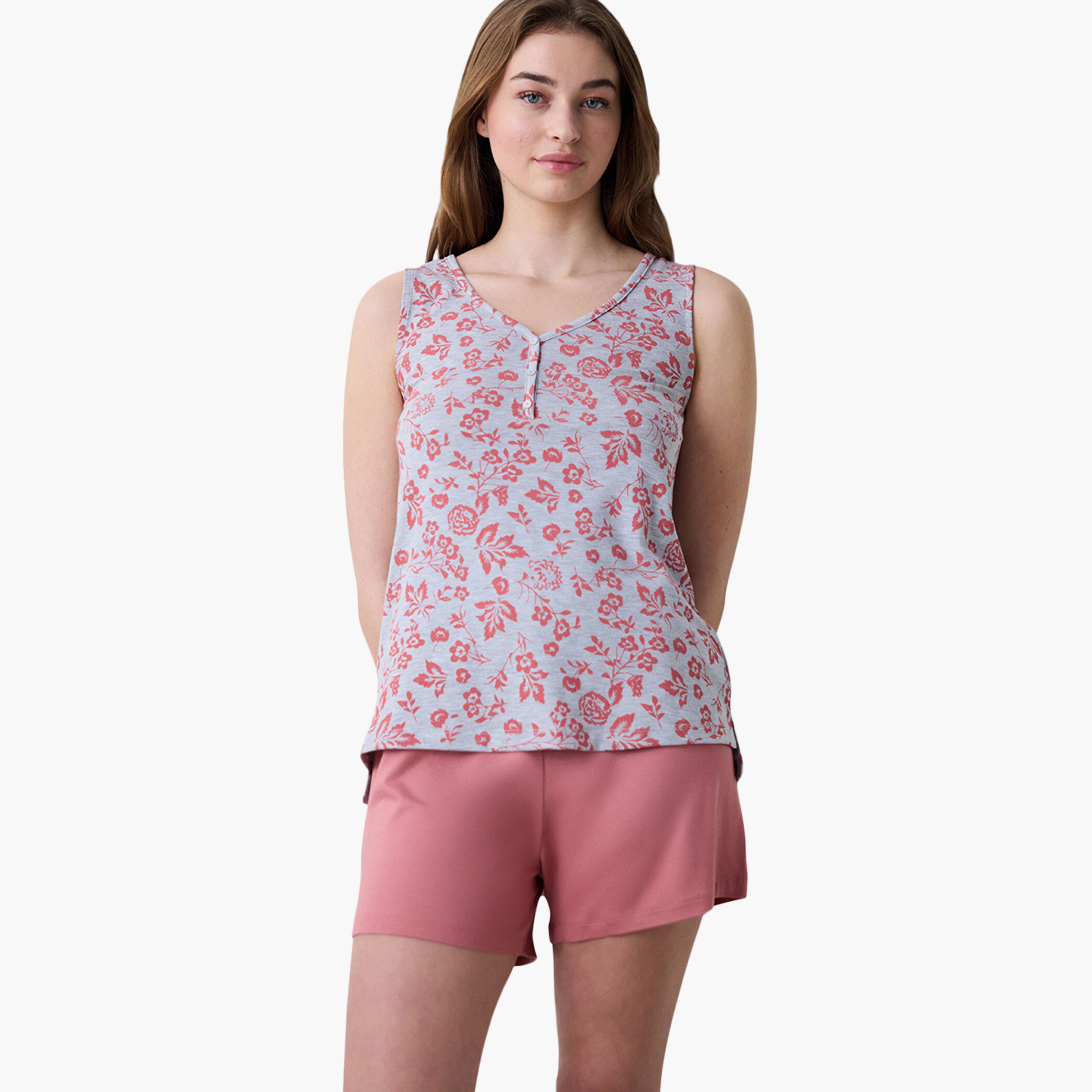 طقم نسائي من توب وشورت بطبعة زهور من بينتي-women-clothing-nightwear-pyjamas-shortsets-image-5