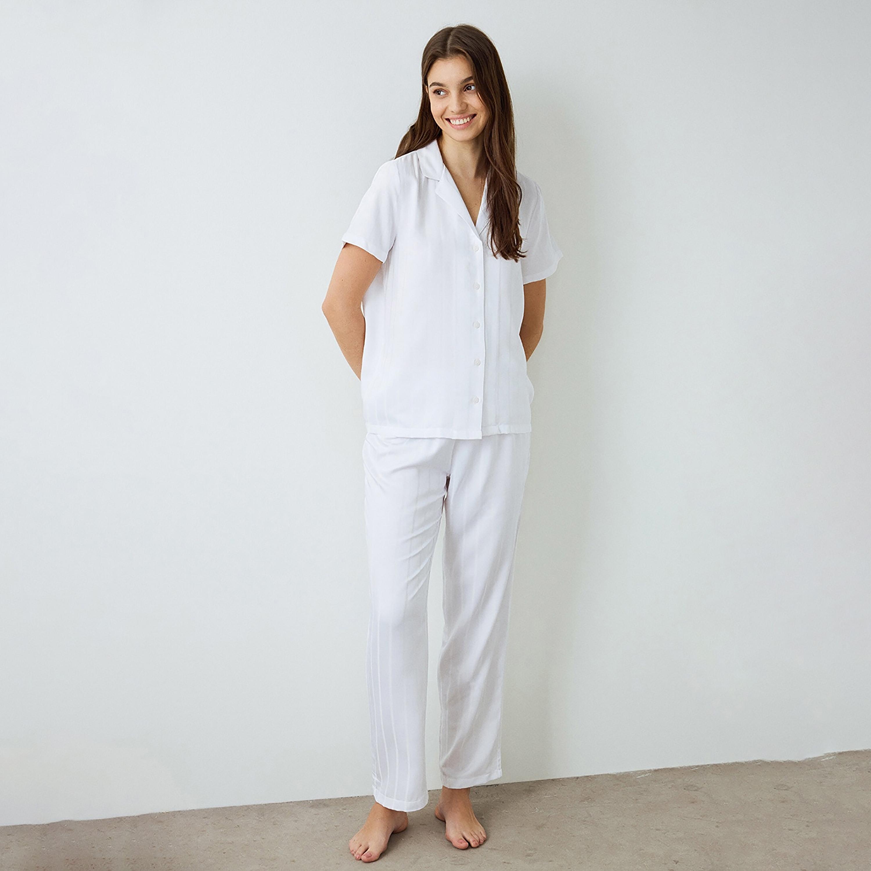 Penti White Striped Notch Collared Short Sleeves Women's Shirt & Pyjama Set-women-clothing-nightwear-pyjamas-longsets-image-1
