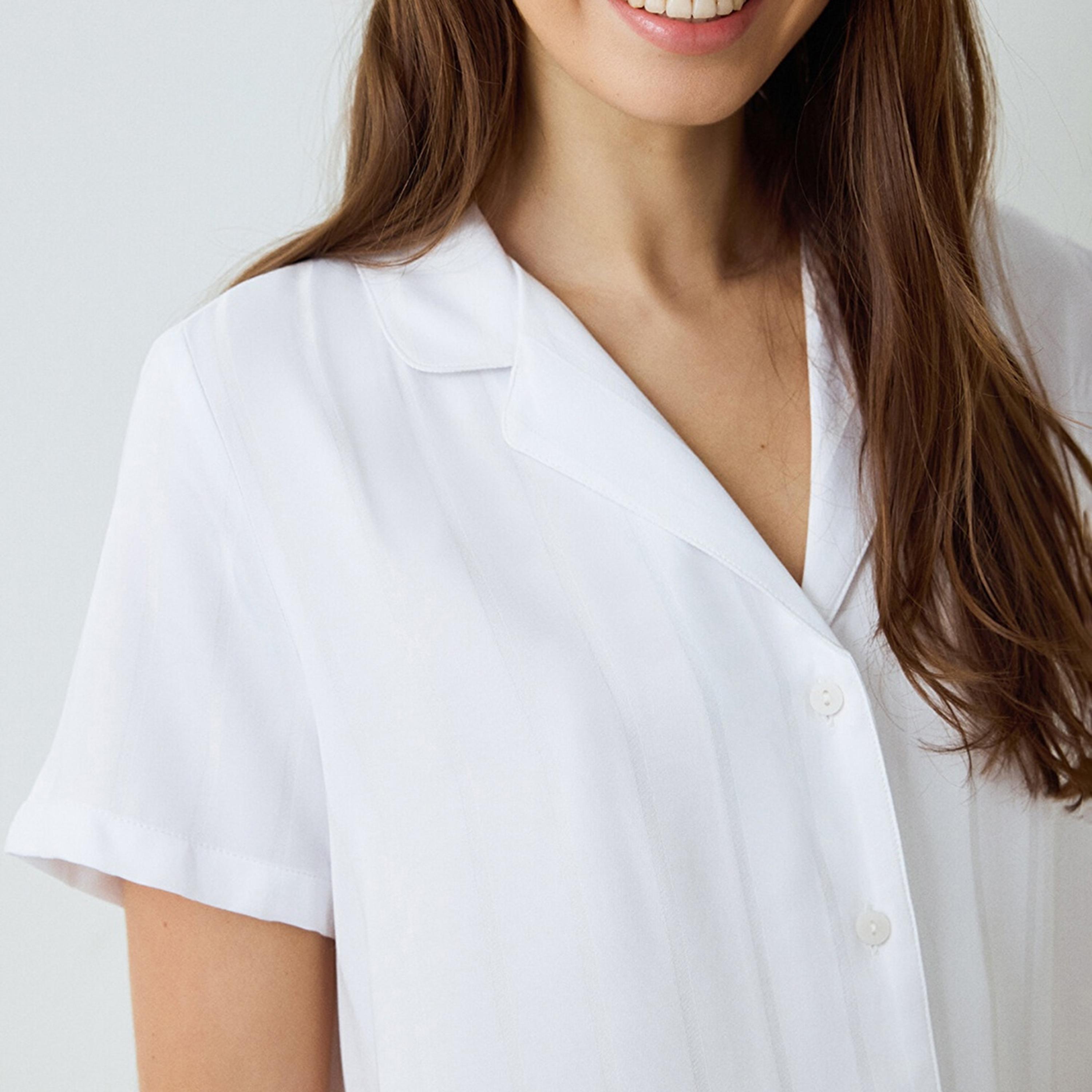 Penti White Striped Notch Collared Short Sleeves Women's Shirt & Pyjama Set-women-clothing-nightwear-pyjamas-longsets-image-2