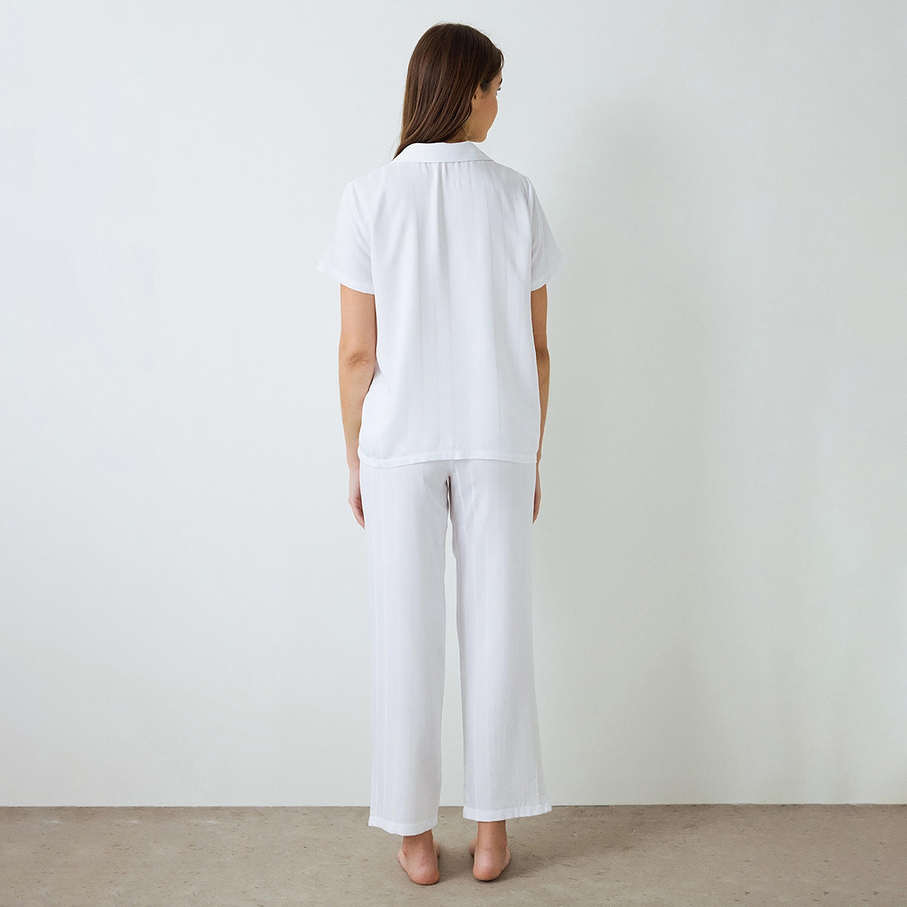 Penti White Striped Notch Collared Short Sleeves Women's Shirt & Pyjama Set-women-clothing-nightwear-pyjamas-longsets-image-4