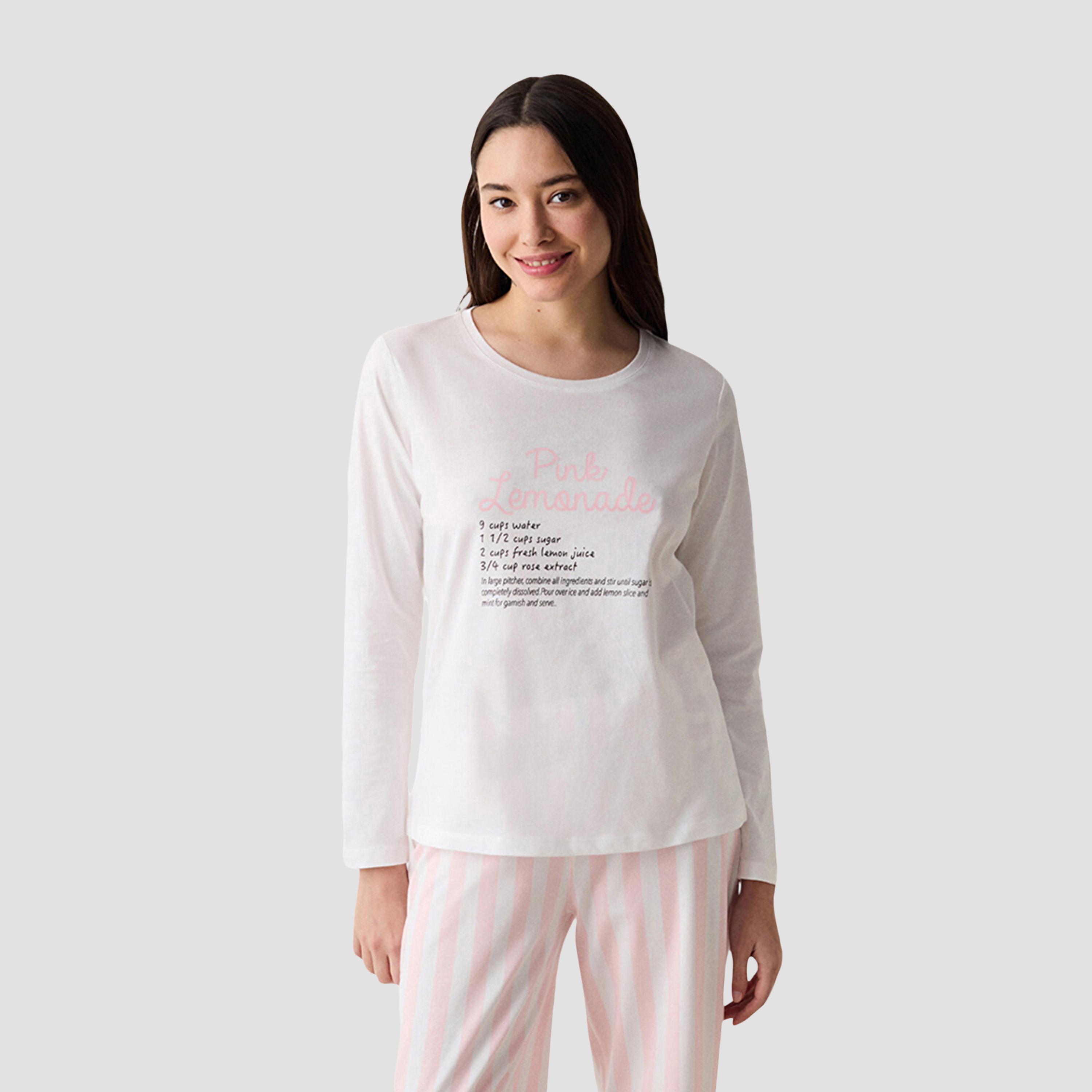 طقم بيجاما وتيشيرت نسائي بطبعة نصية وخطوط من بينتي-women-clothing-nightwear-pyjamas-longsets-image-2