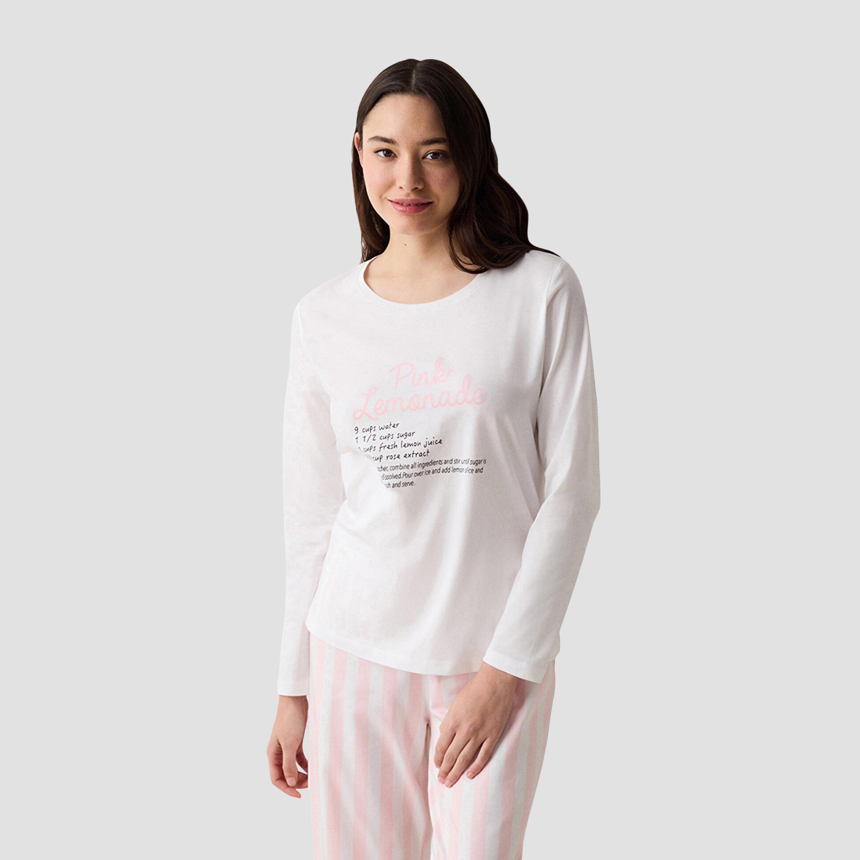 طقم بيجاما وتيشيرت نسائي بطبعة نصية وخطوط من بينتي-women-clothing-nightwear-pyjamas-longsets-image-5