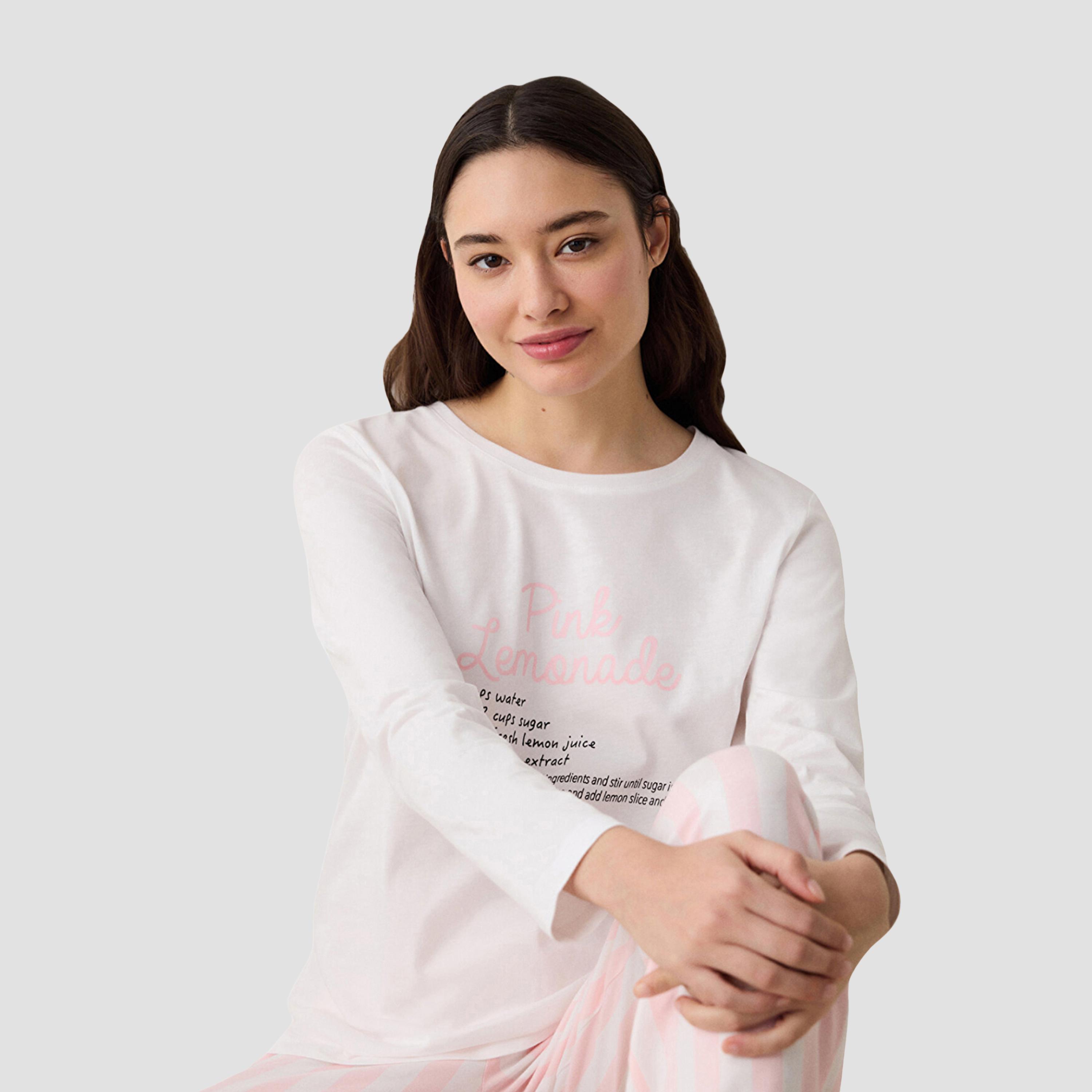 طقم بيجاما وتيشيرت نسائي بطبعة نصية وخطوط من بينتي-women-clothing-nightwear-pyjamas-longsets-image-6