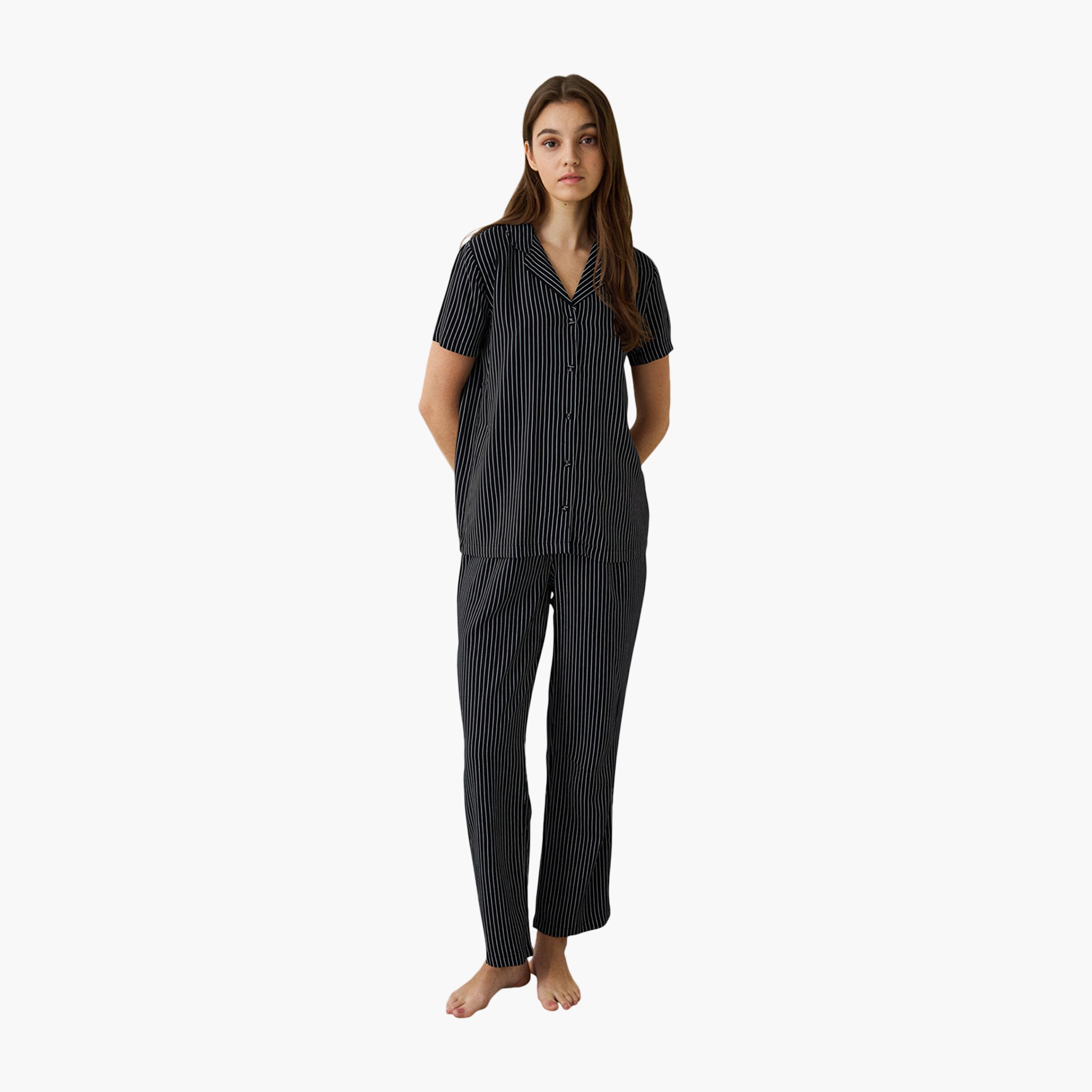 طقم قميص وبيجامة نسائي مخطط من بينتي-women-clothing-nightwear-pyjamas-longsets-image-1
