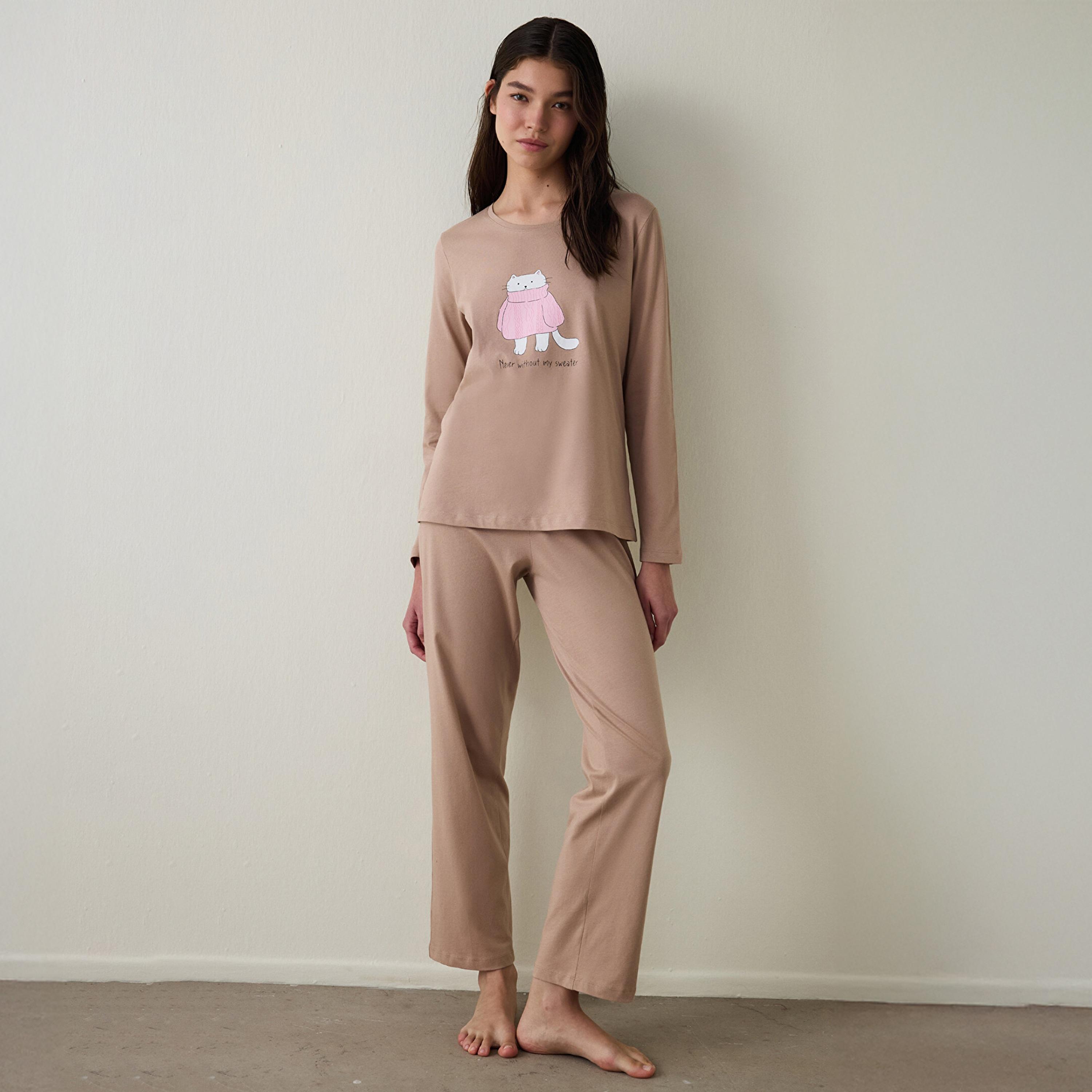 Penti Graphic Print Cotton Women's T-Shirt & Pyjama Set-women-clothing-nightwear-pyjamas-longsets-image-1