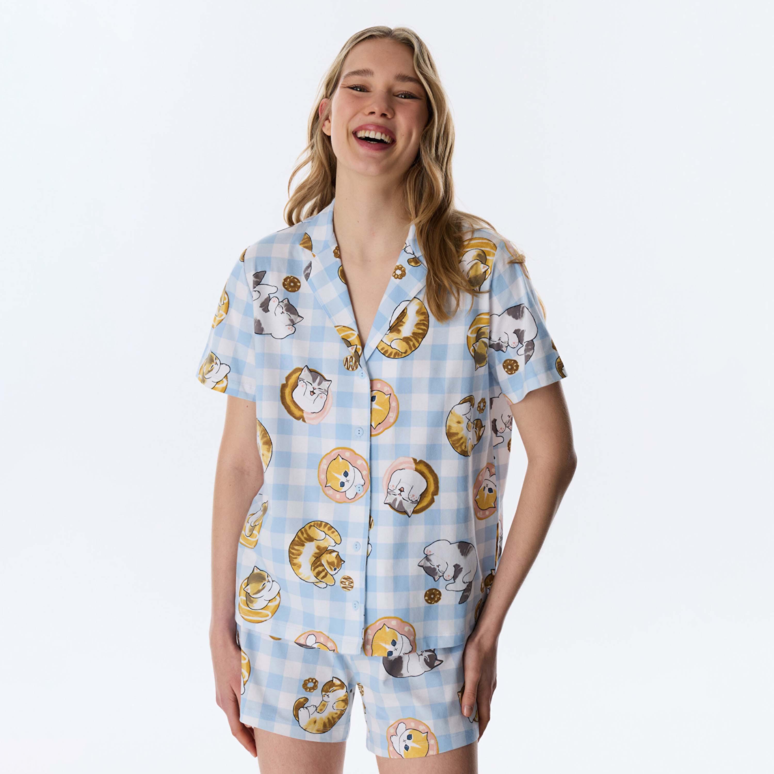 طقم بيجامة قميص وشورت كاروهات للنساء من بينتي-women-clothing-nightwear-pyjamas-shortsets-image-1