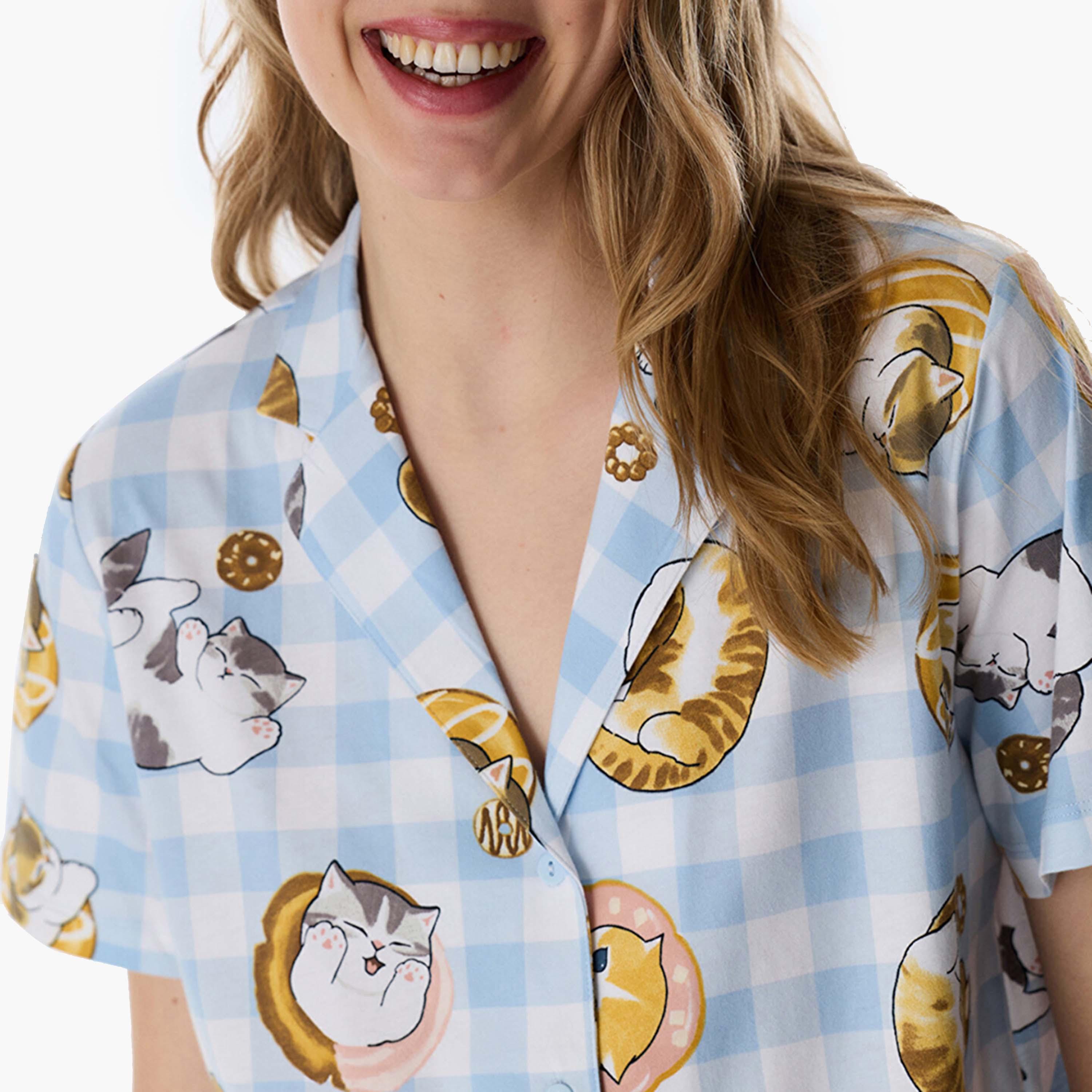 طقم بيجامة قميص وشورت كاروهات للنساء من بينتي-women-clothing-nightwear-pyjamas-shortsets-image-3