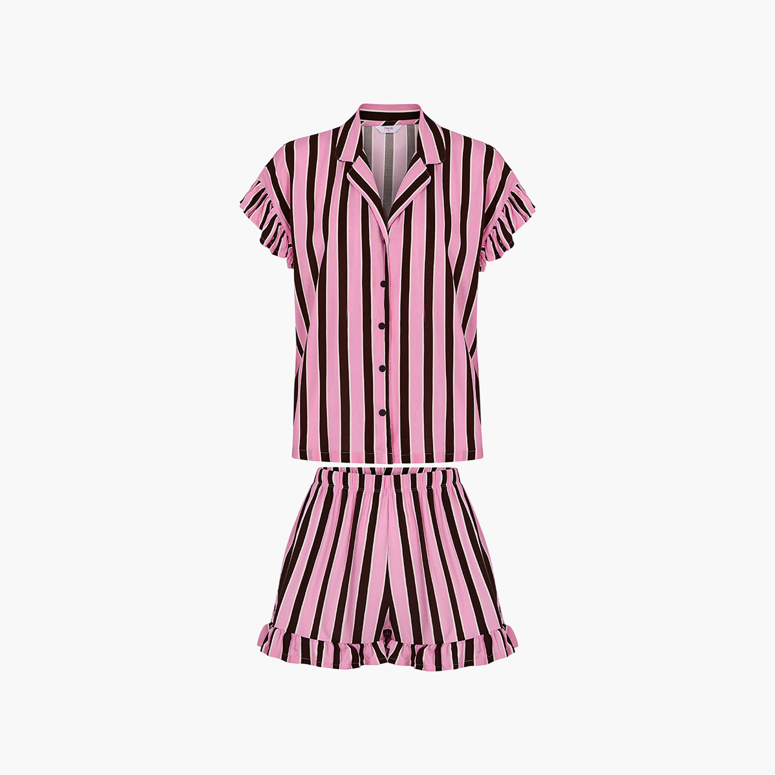 طقم نوم حريمي قميص مخطط بياقة مطوية وشورت من بينتي-women-clothing-nightwear-pyjamas-shortsets-image-5