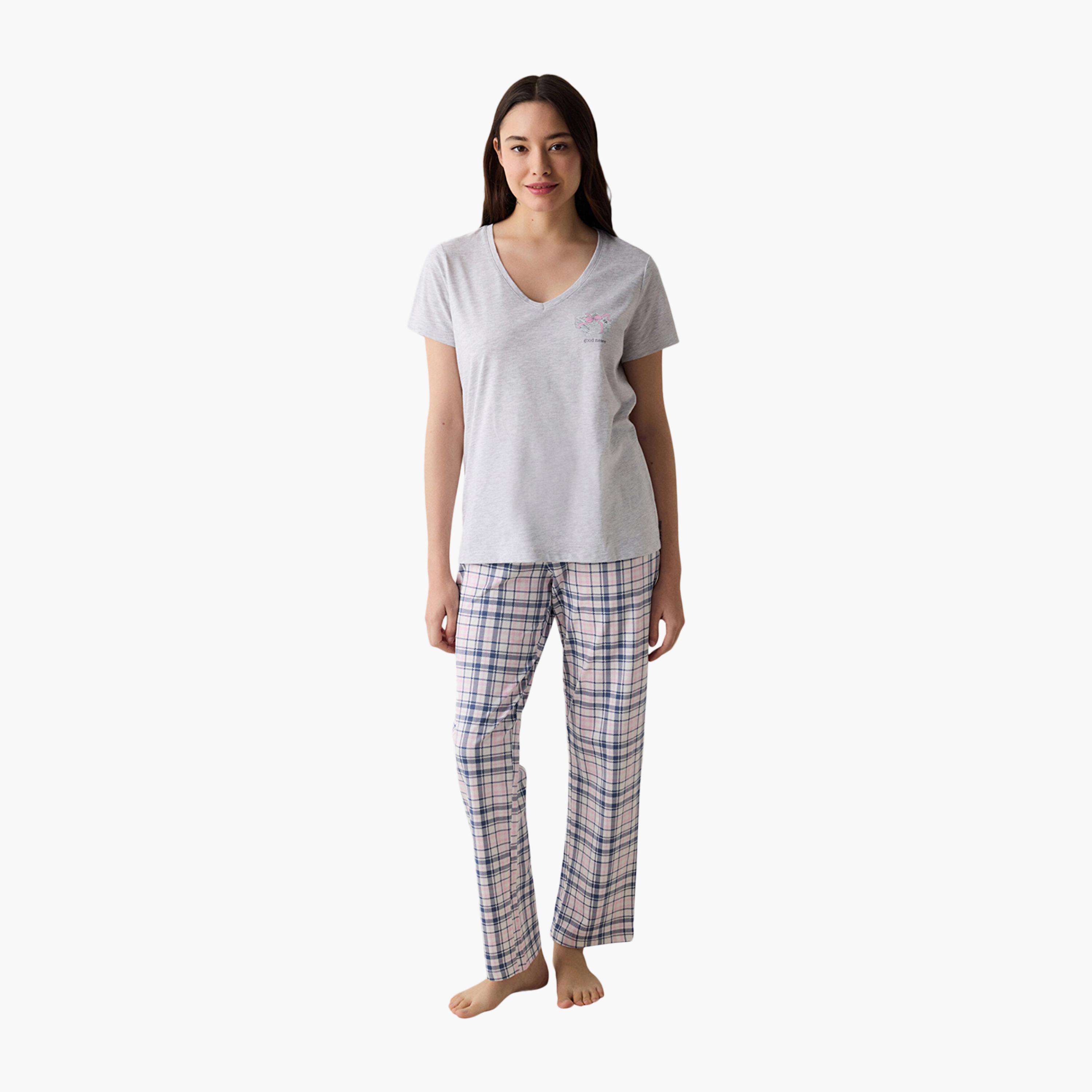 Penti Checked Women's T-Shirt and Pyjama Set-women-clothing-nightwear-pyjamas-longsets-image-1