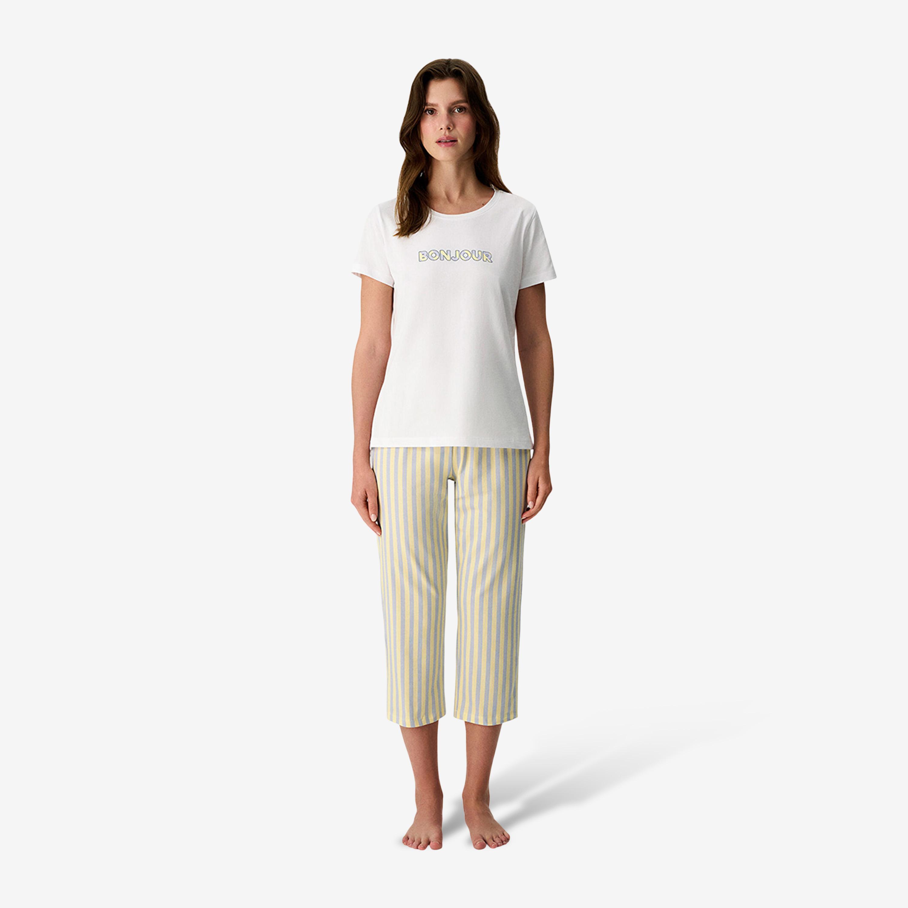 Penti Women's Striped Crew Neck T-Shirt & Pyjama Set-women-clothing-nightwear-pyjamas-longsets-image-1