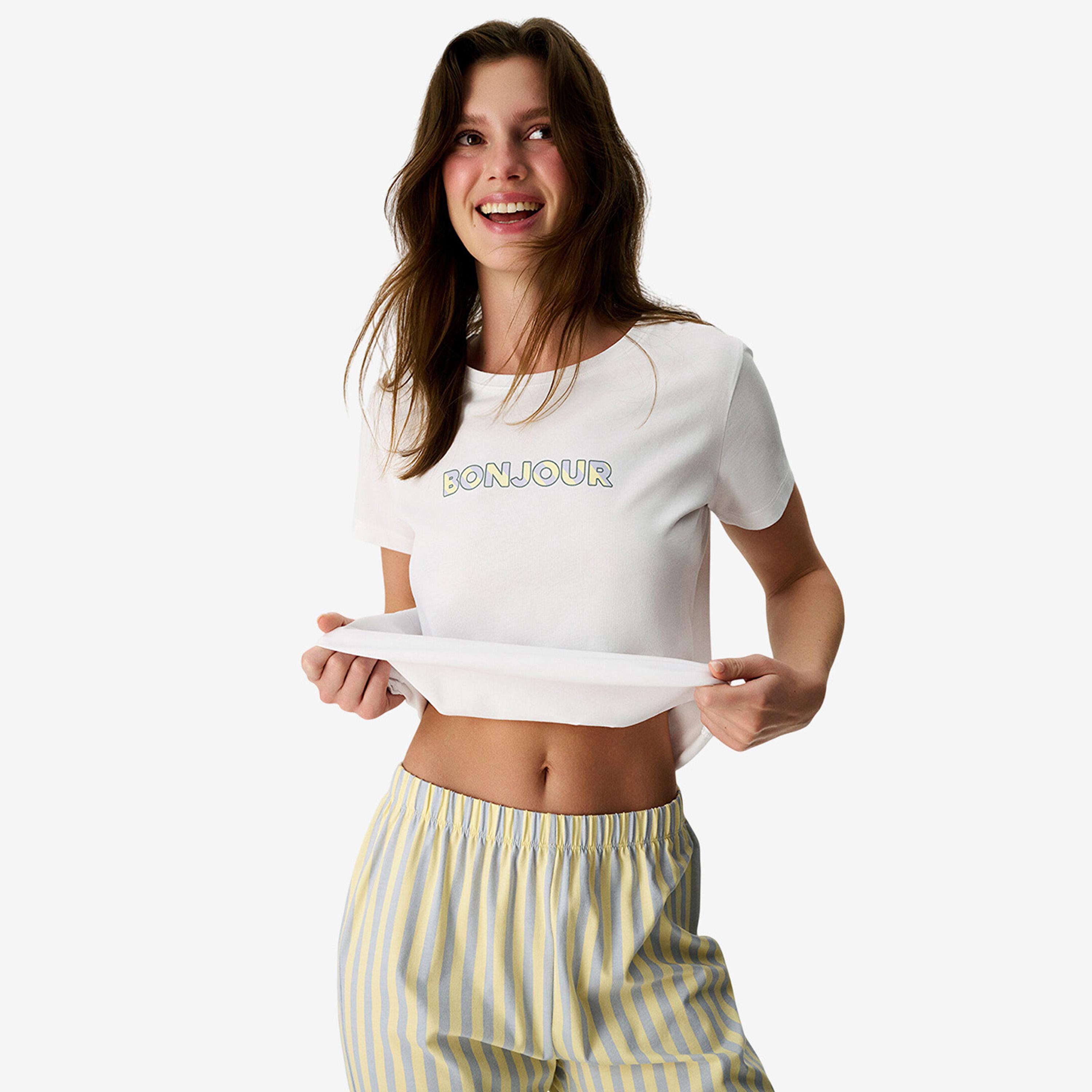 Penti Women's Striped Crew Neck T-Shirt & Pyjama Set-women-clothing-nightwear-pyjamas-longsets-image-2