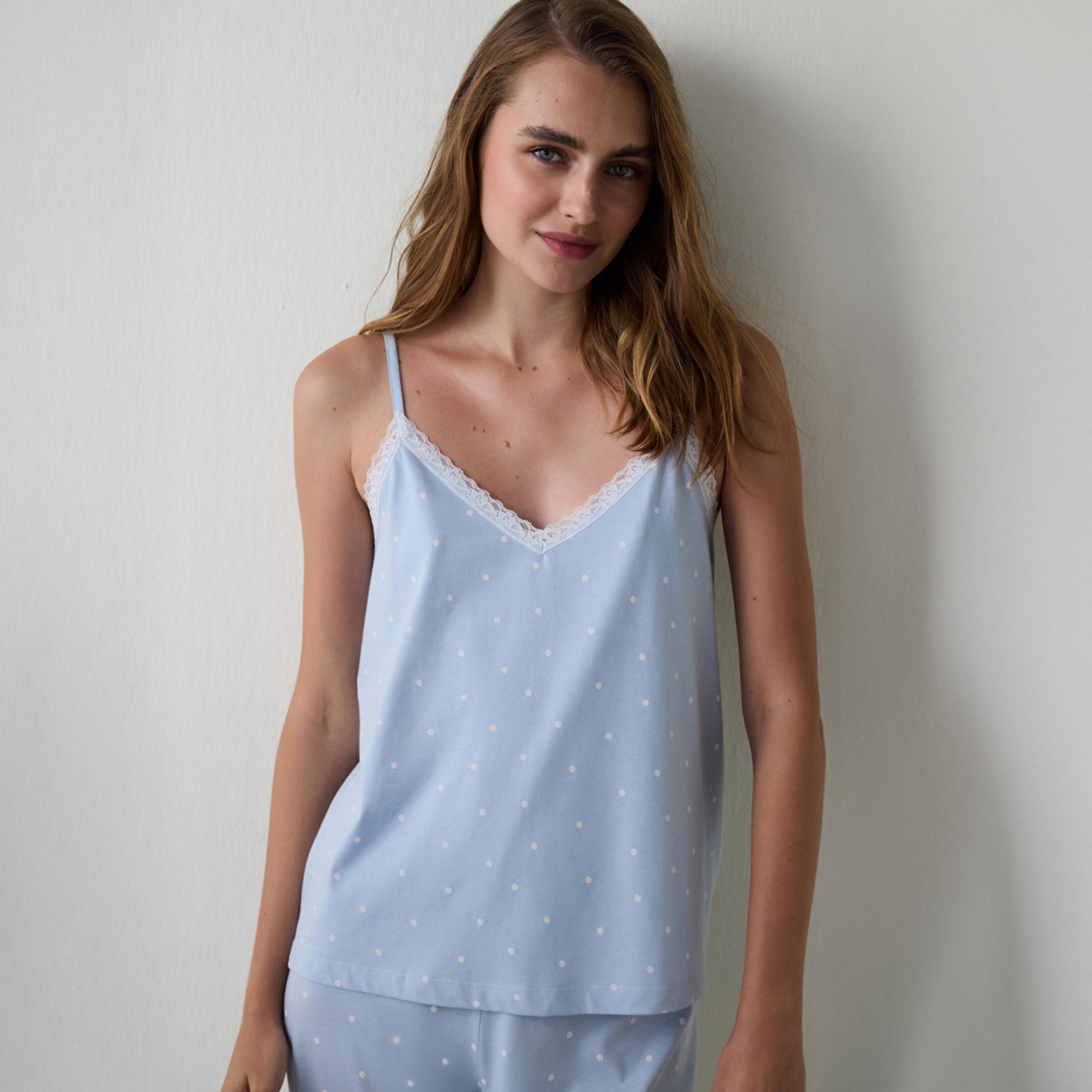 طقم بيجاما نسائي قطني منقط بحواف دانتيل مكون من قميص "كامي" وبنطلون من بنتي-women-clothing-nightwear-pyjamas-longsets-image-3
