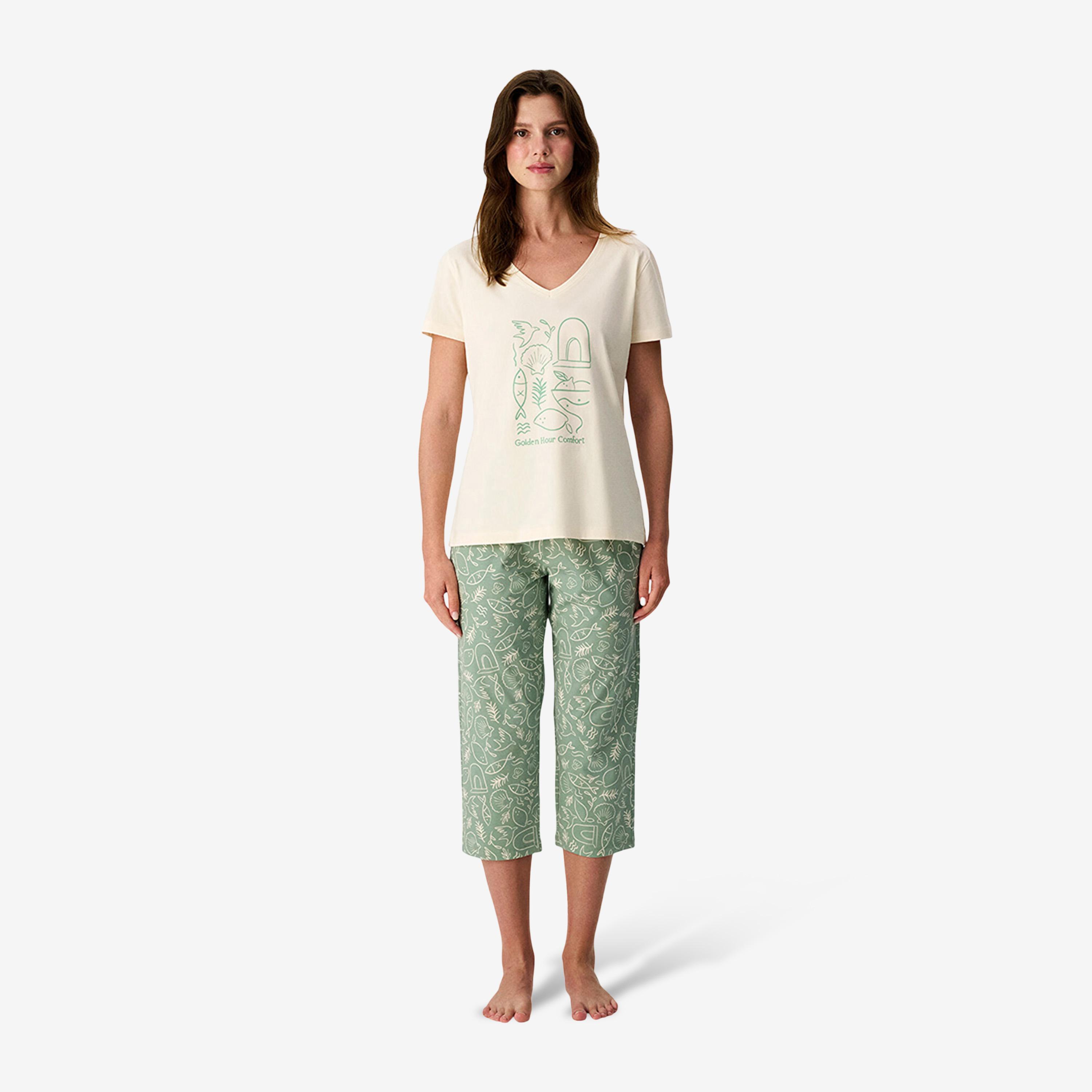Penti Women's Printed V-Neck T-Shirt & Pyjama Set-women-clothing-nightwear-pyjamas-longsets-image-1