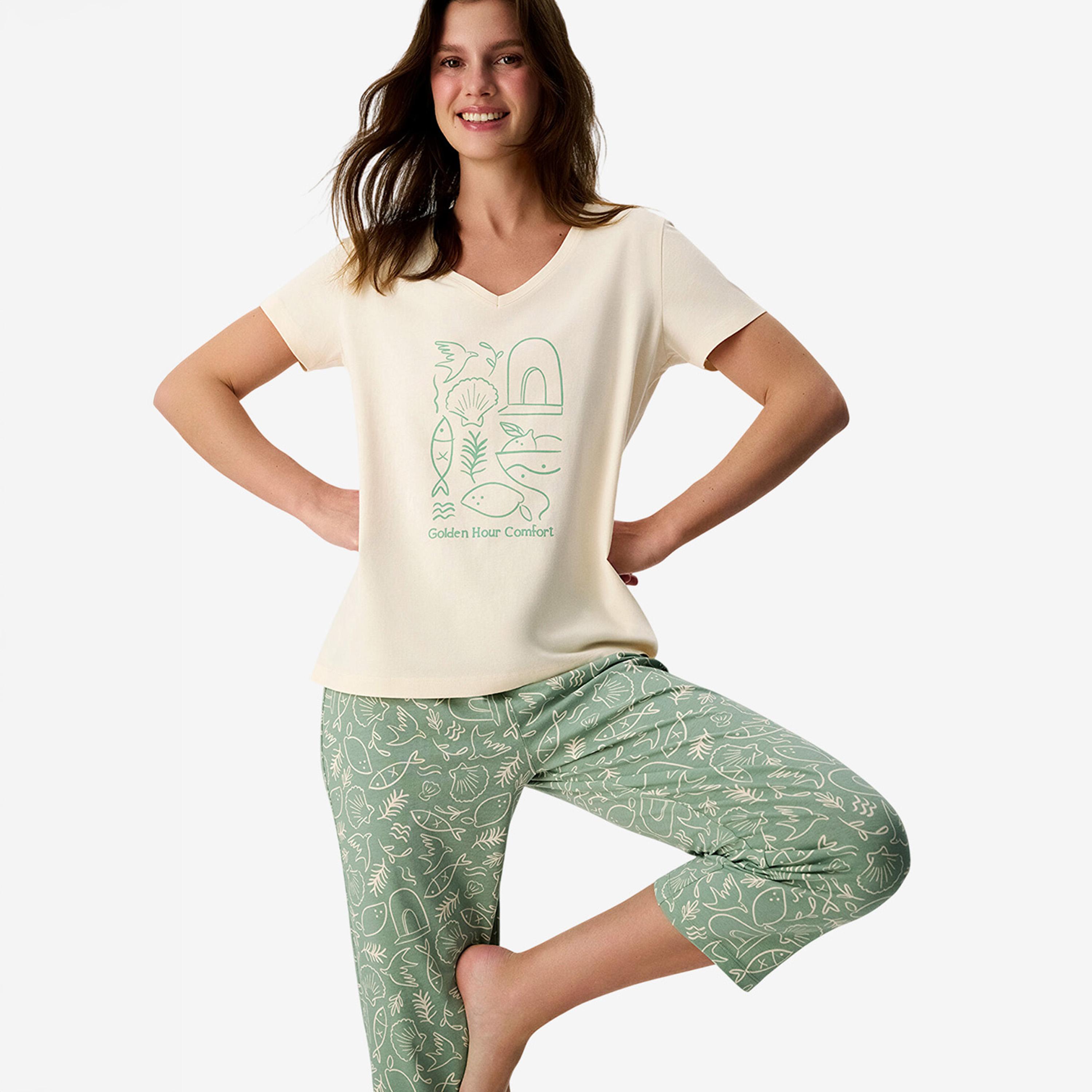 Penti Women's Printed V-Neck T-Shirt & Pyjama Set-women-clothing-nightwear-pyjamas-longsets-image-3