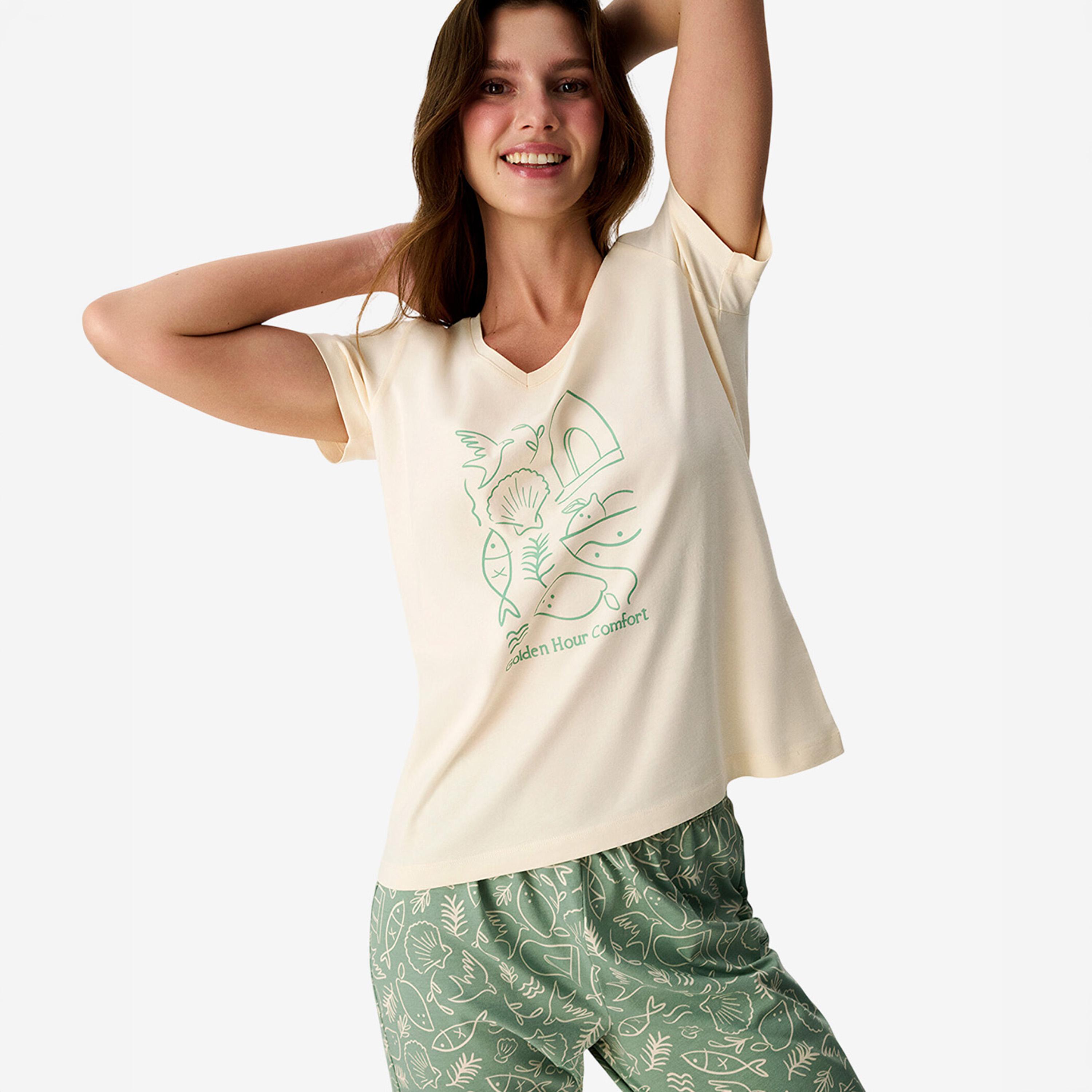 Penti Women's Printed V-Neck T-Shirt & Pyjama Set-women-clothing-nightwear-pyjamas-longsets-image-4