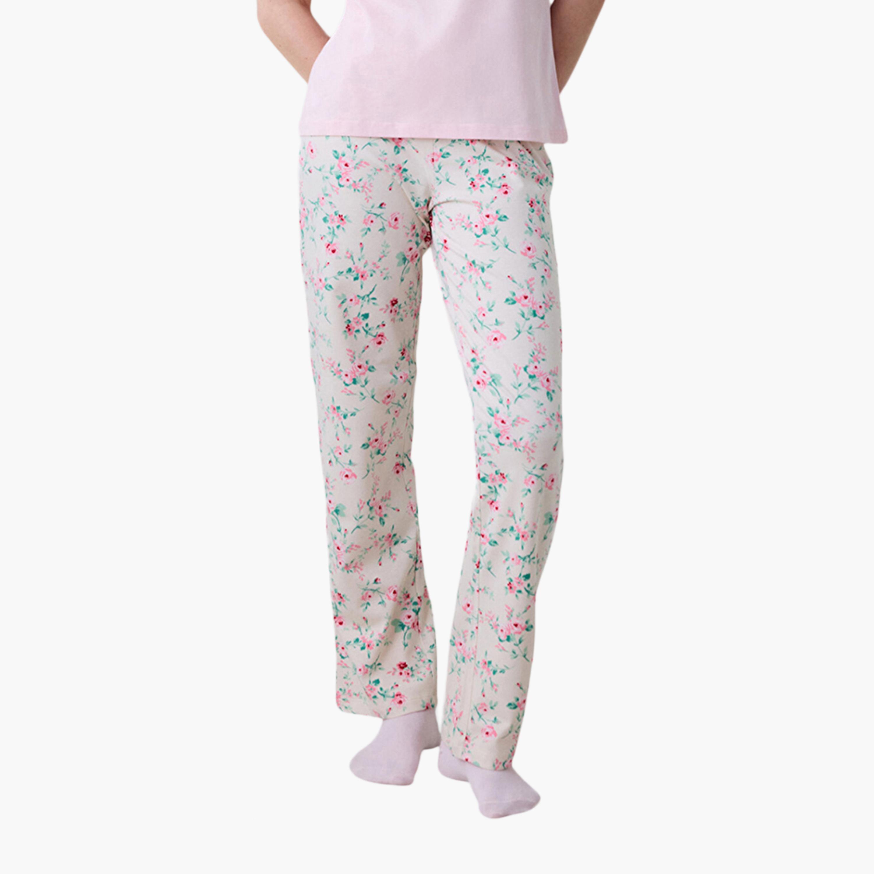 طقم تي شيرت وبيجامة نسائي بطبعة زهور من بينتي-women-clothing-nightwear-pyjamas-longsets-image-3